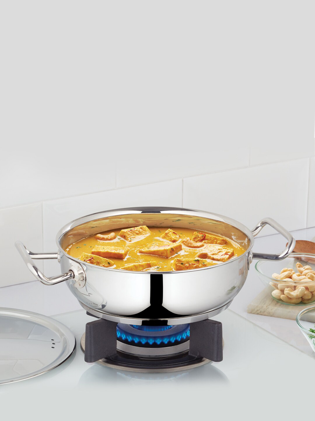 BOROSIL Silver-Toned Stainless Steel Kadhai With Lid 1.8 L