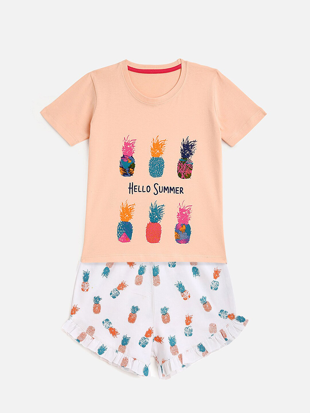 YK Girls Peach-Coloured & Blue Printed T-shirt with Shorts