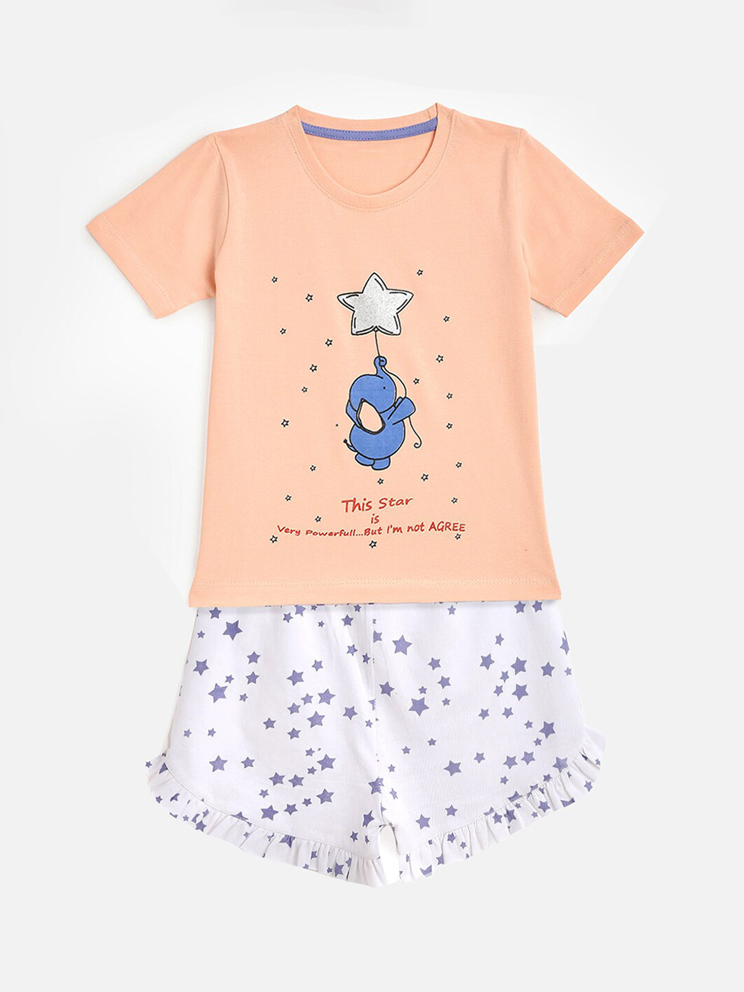 YK Girls Peach-Coloured & White Elephant With Star Printed Pure Cotton Night suit