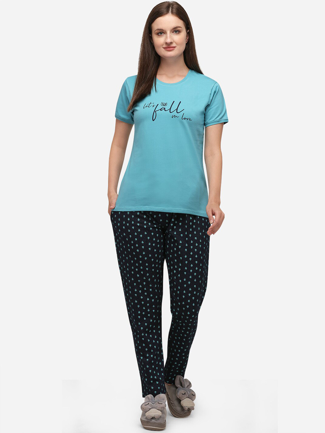 Lenissa Woman Turquoise Blue & Black Printed Night suit