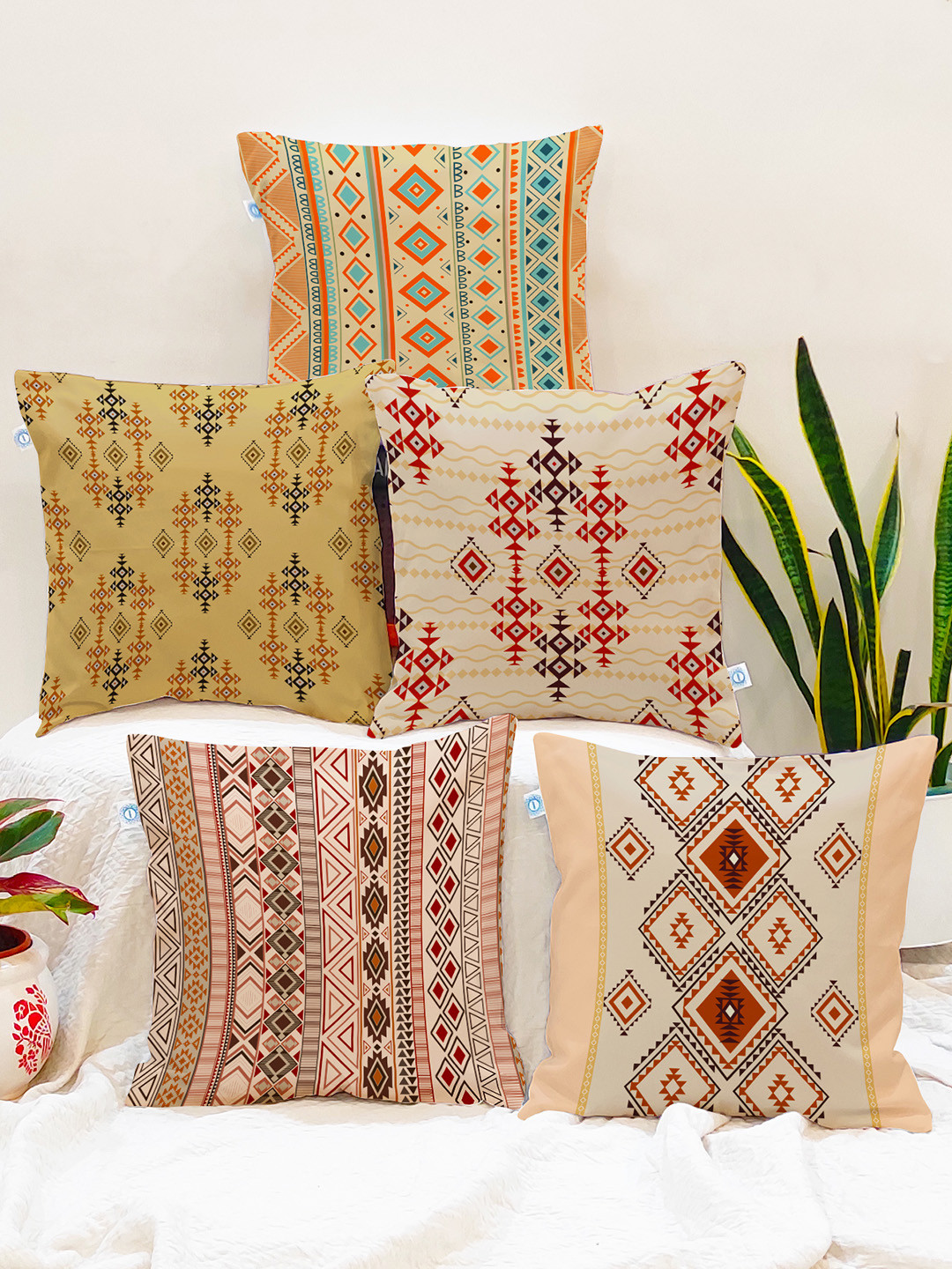 STITCHNEST Aztec New Ethnic Motifs Cotton 5 Pcs Square Cushion Covers - 16 x 16 In