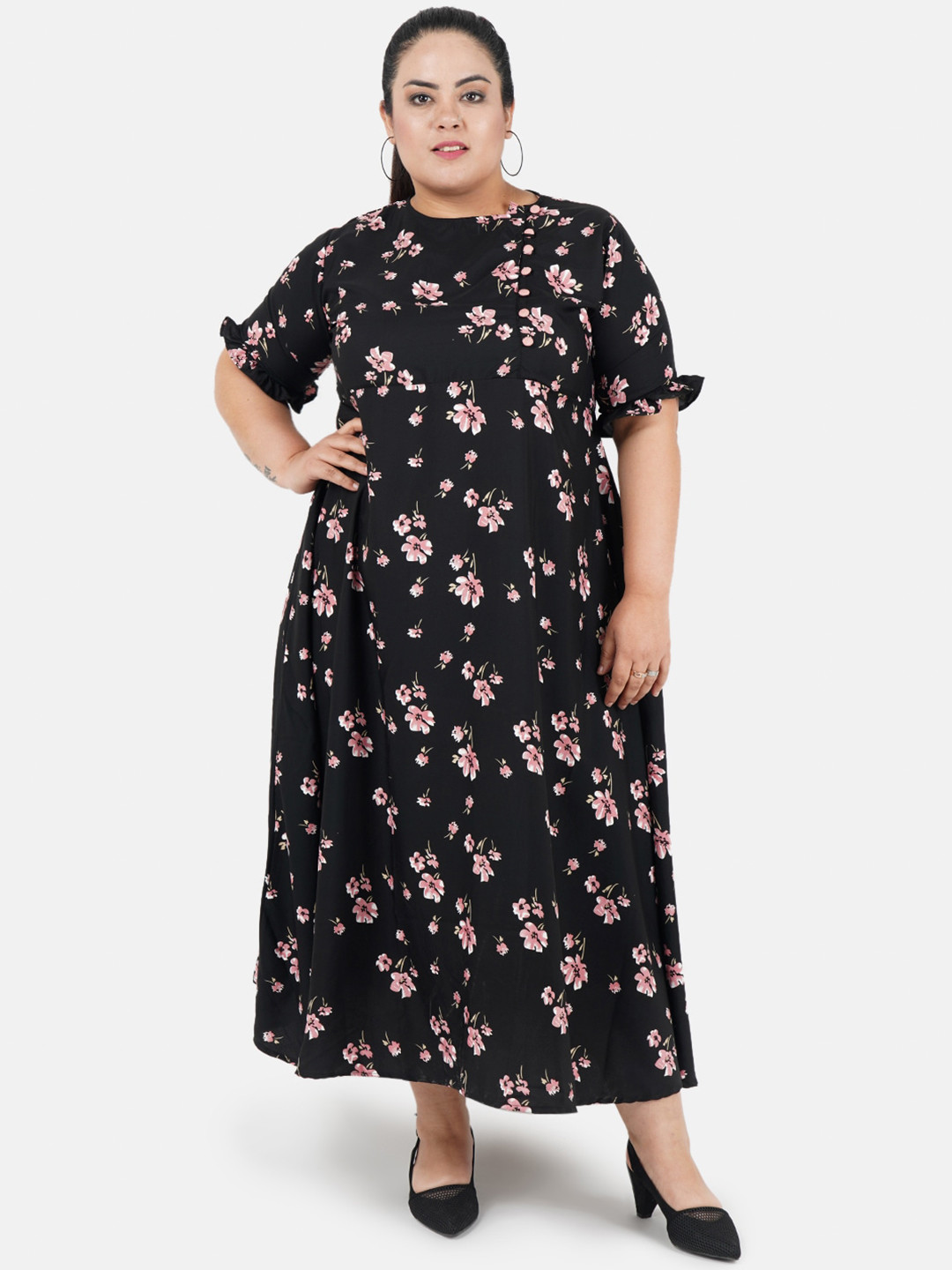 Indietoga Black & Pink Floral Printed Plus Size Maxi Dress