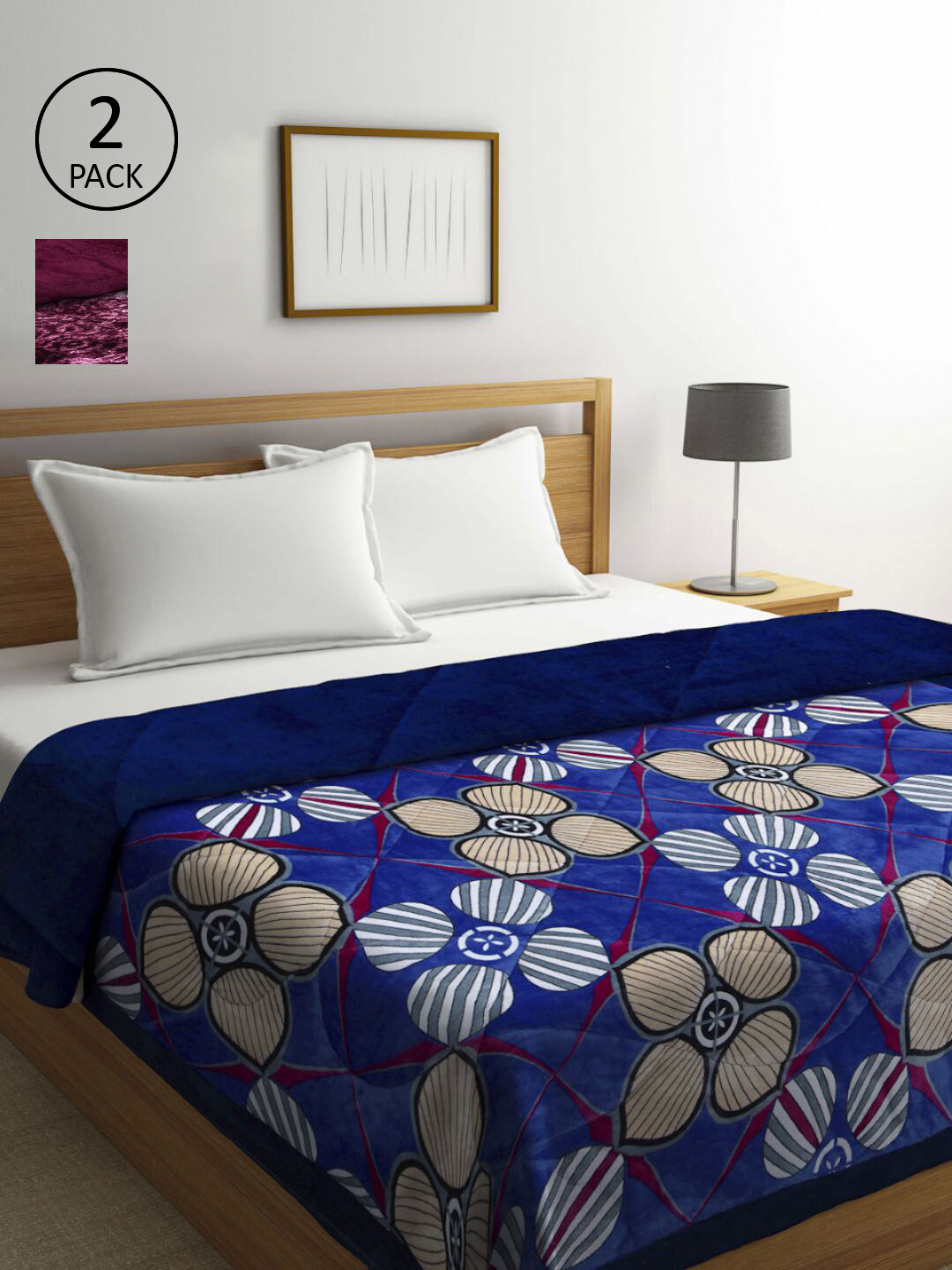 KLOTTHE Blue & Violet Set of 2 Floral Heavy Winter Double Bed Quilt