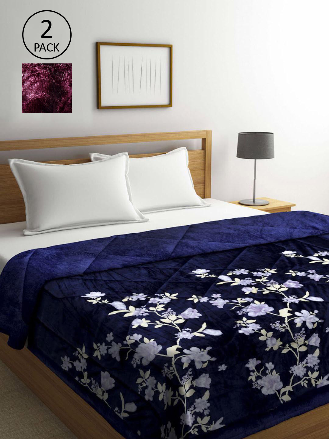 KLOTTHE Set Of 2 Blue & Purple Floral Printed Fur Heavy Winter Double Bed Quilt
