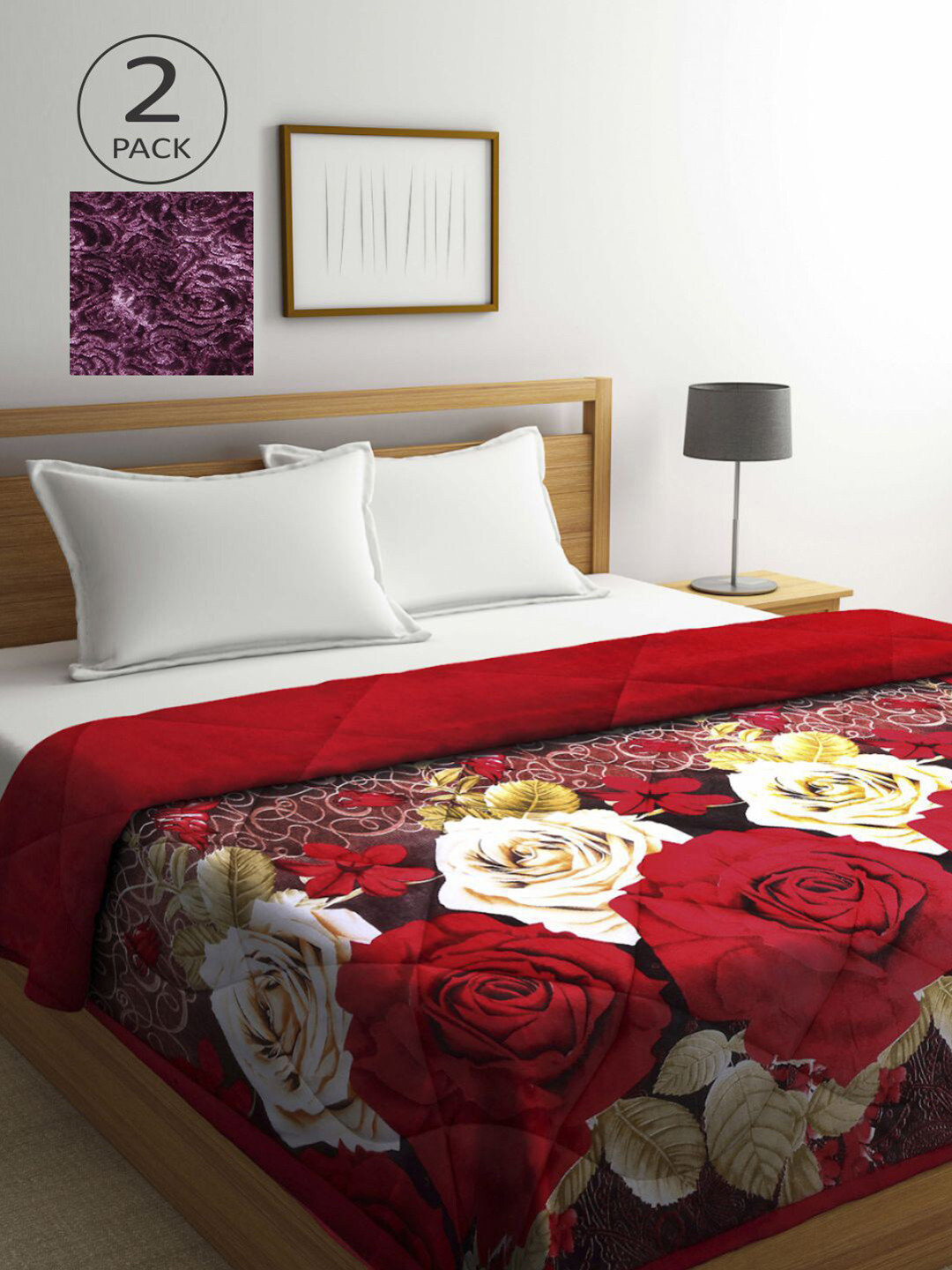 KLOTTHE Violet & Red Set of 2 Floral Heavy Winter Double Bed Quilt