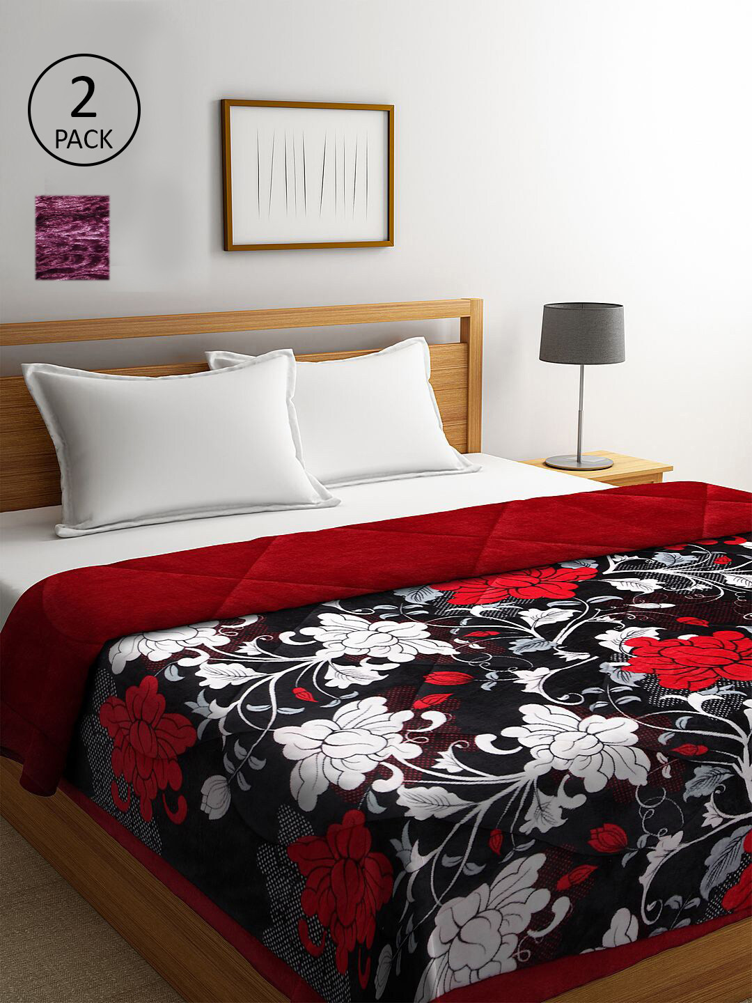 KLOTTHE Black & Purple Set of 2 Floral Heavy Winter Double Bed Quilts