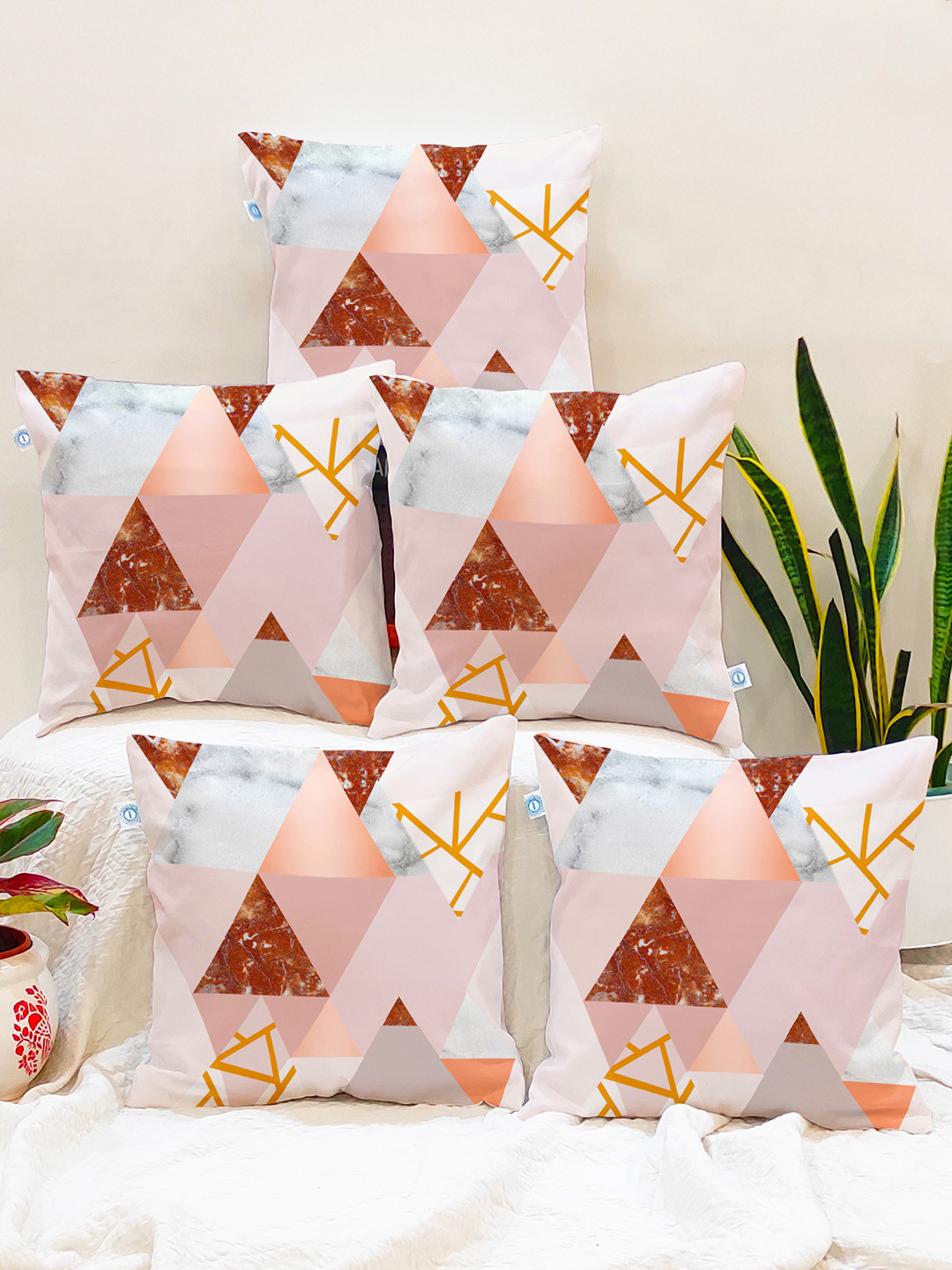 STITCHNEST Set of 5 Brown & White Abstract 12'' x 12'' Cushion Cover