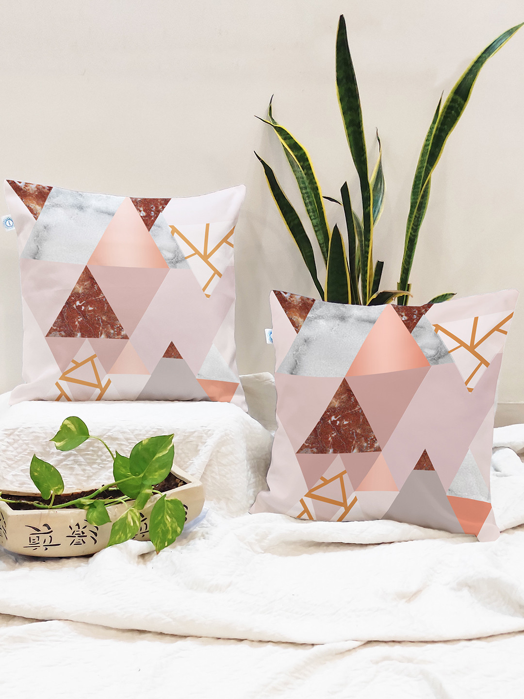 STITCHNEST Brown Geometric Cotton Breathable 2 Piece Square Cushion Covers -24x24In