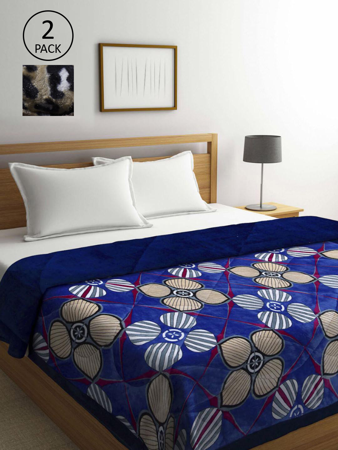 KLOTTHE Brown & Blue Set of 2 Floral Heavy Winter Double Bed Quilt