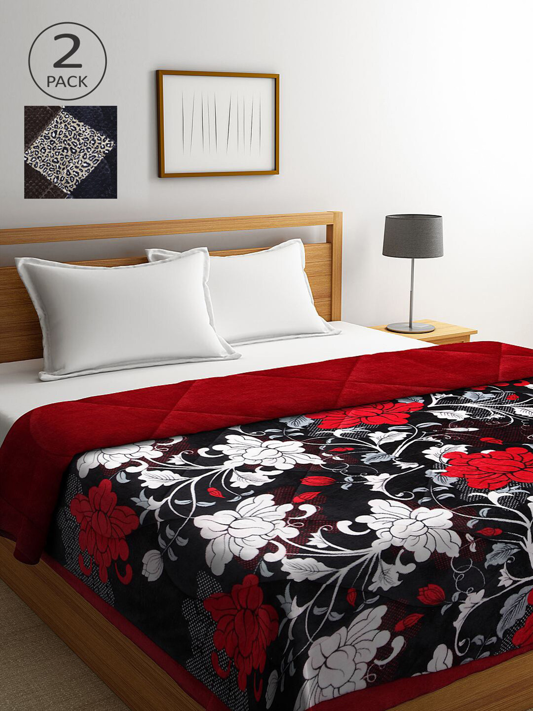 KLOTTHE Set of 2 Maroon & Black Floral Heavy Winter Double Bed Quilt