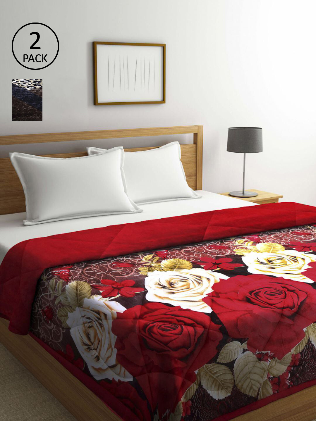 KLOTTHE Set Of 2 Red & Brown Floral Printed 800 GSM Double Bed Quilt