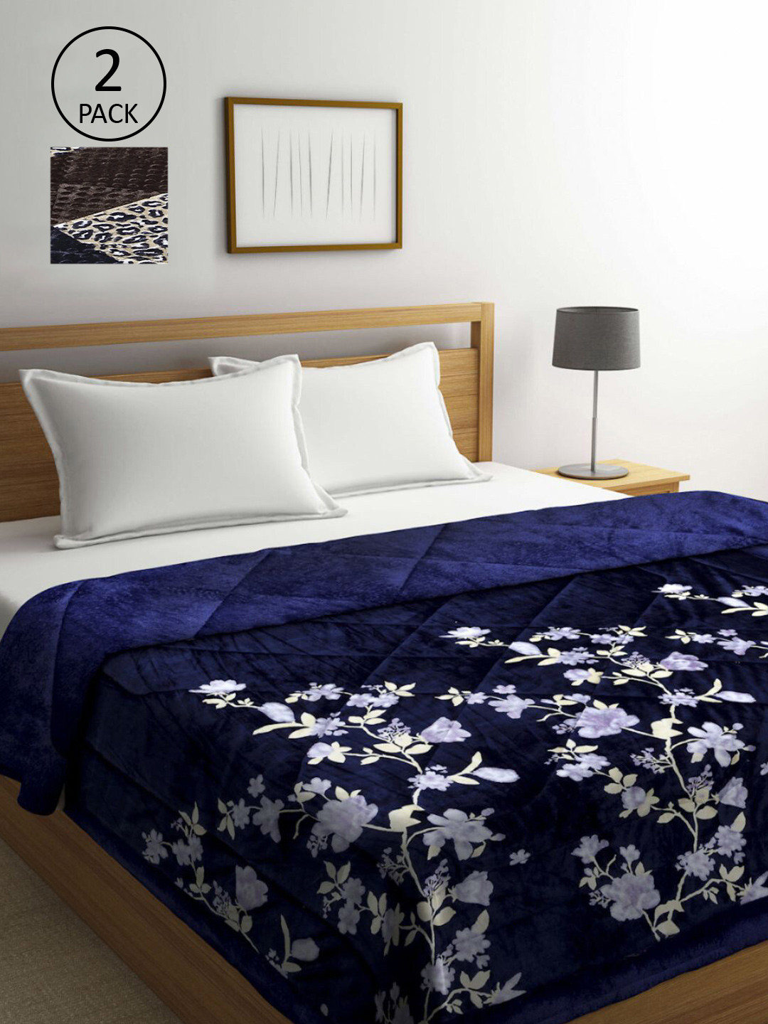 KLOTTHE Navy Blue & Brown Set of 2 Floral Heavy Winter Double Bed Quilt