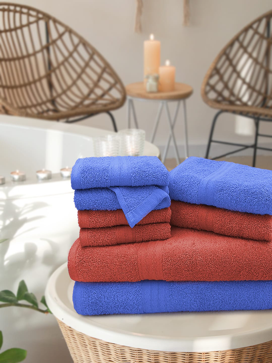 Aura Set Of 8 Blue & Rust Solid 500 GSM Cotton Towel Set