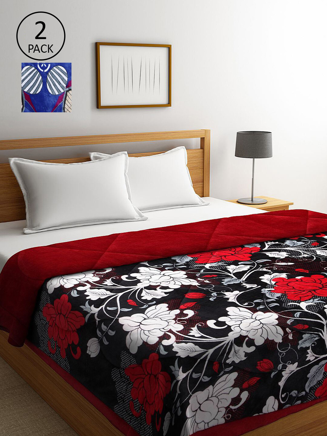 KLOTTHE Red & Navy Blue Set of 2 Floral Heavy Winter Double Bed Quilt