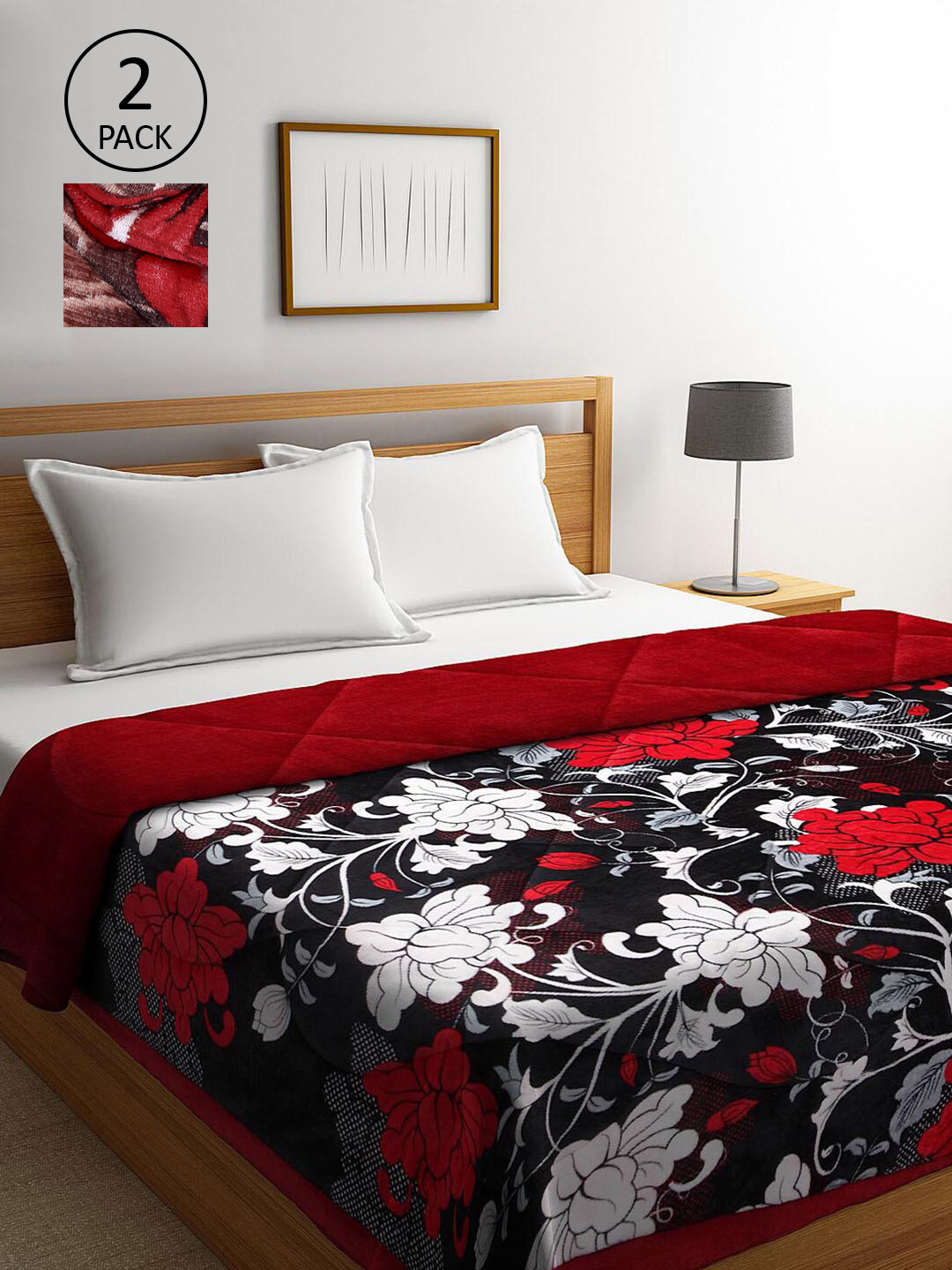 KLOTTHE Red & Black Set of 2 Floral Heavy Winter Double Bed Quilt
