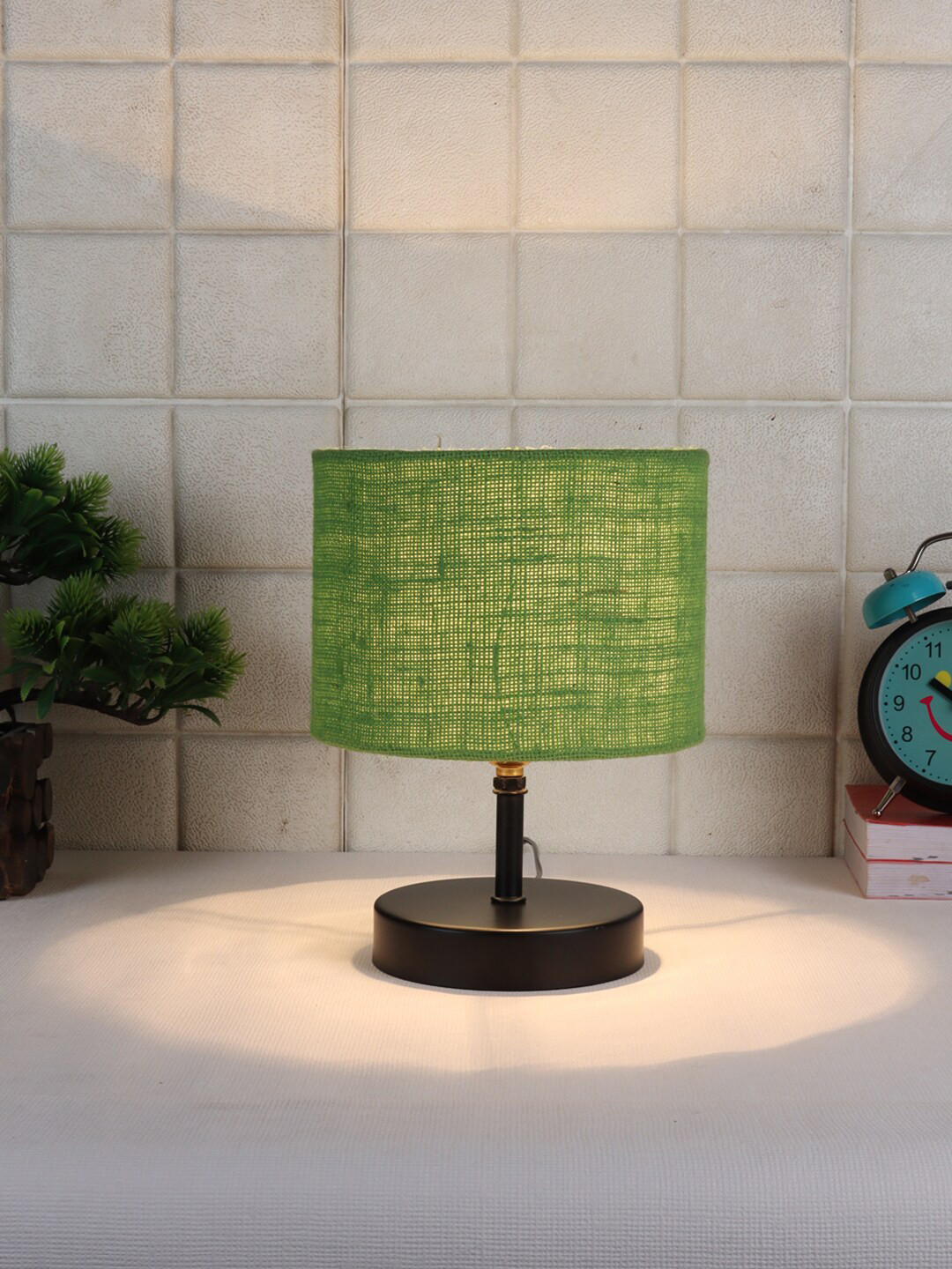 Devansh Green Iron Table Lamp with Jute Shade