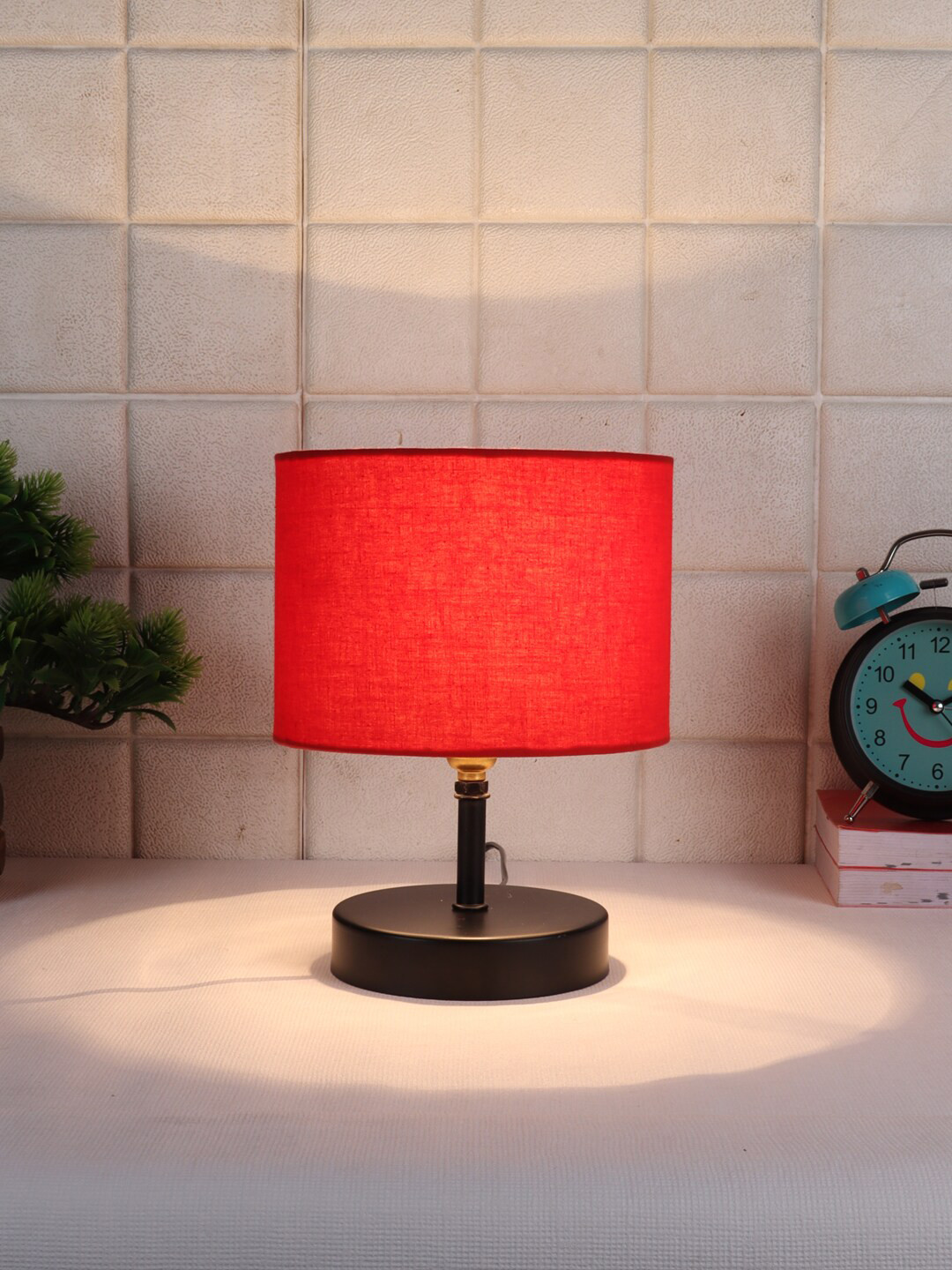 Devansh Red Iron Table Lamp with Cotton Shade