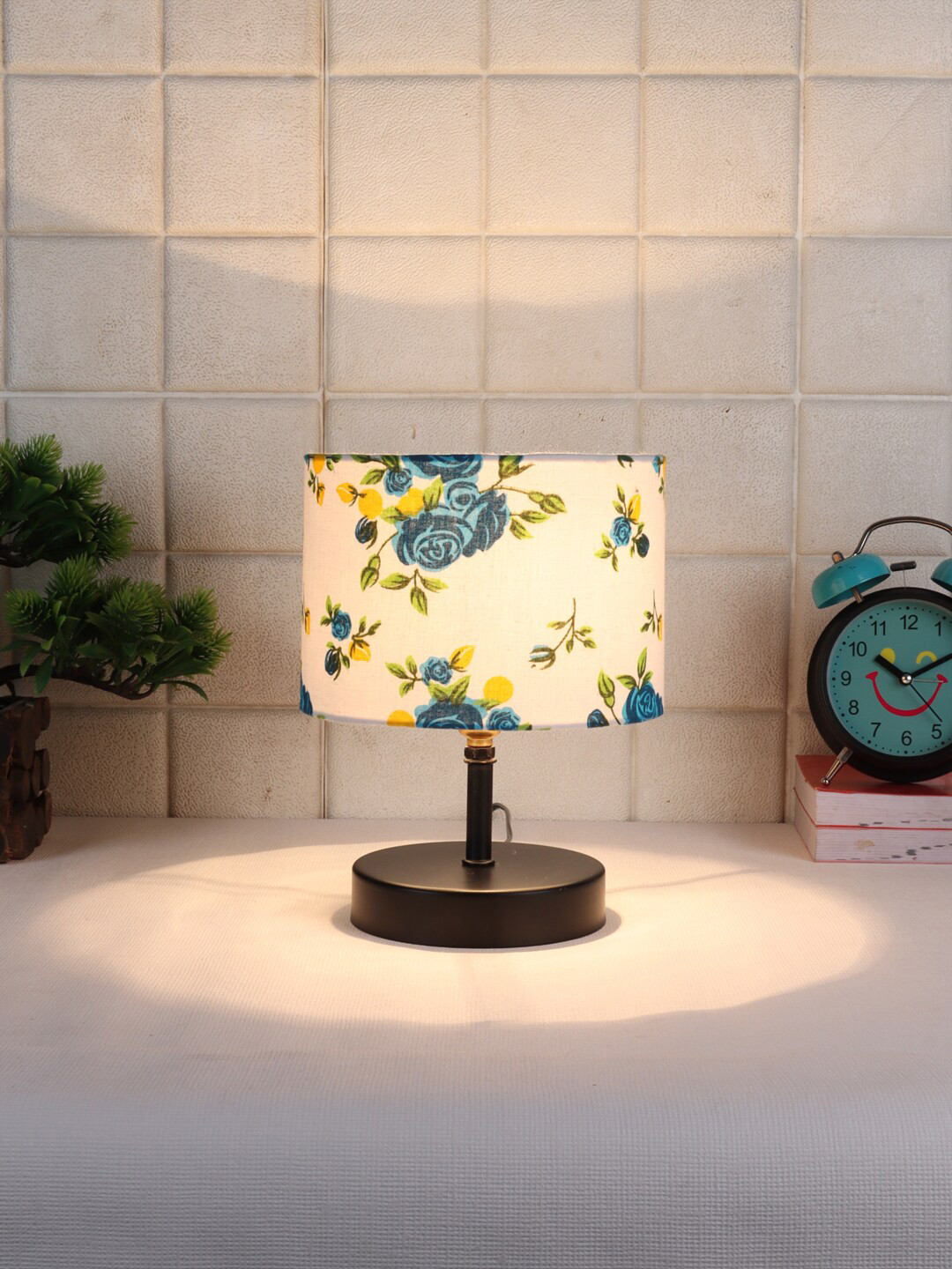 Devansh Multicoloured Floral Iron Table Lamp with Cotton Shade