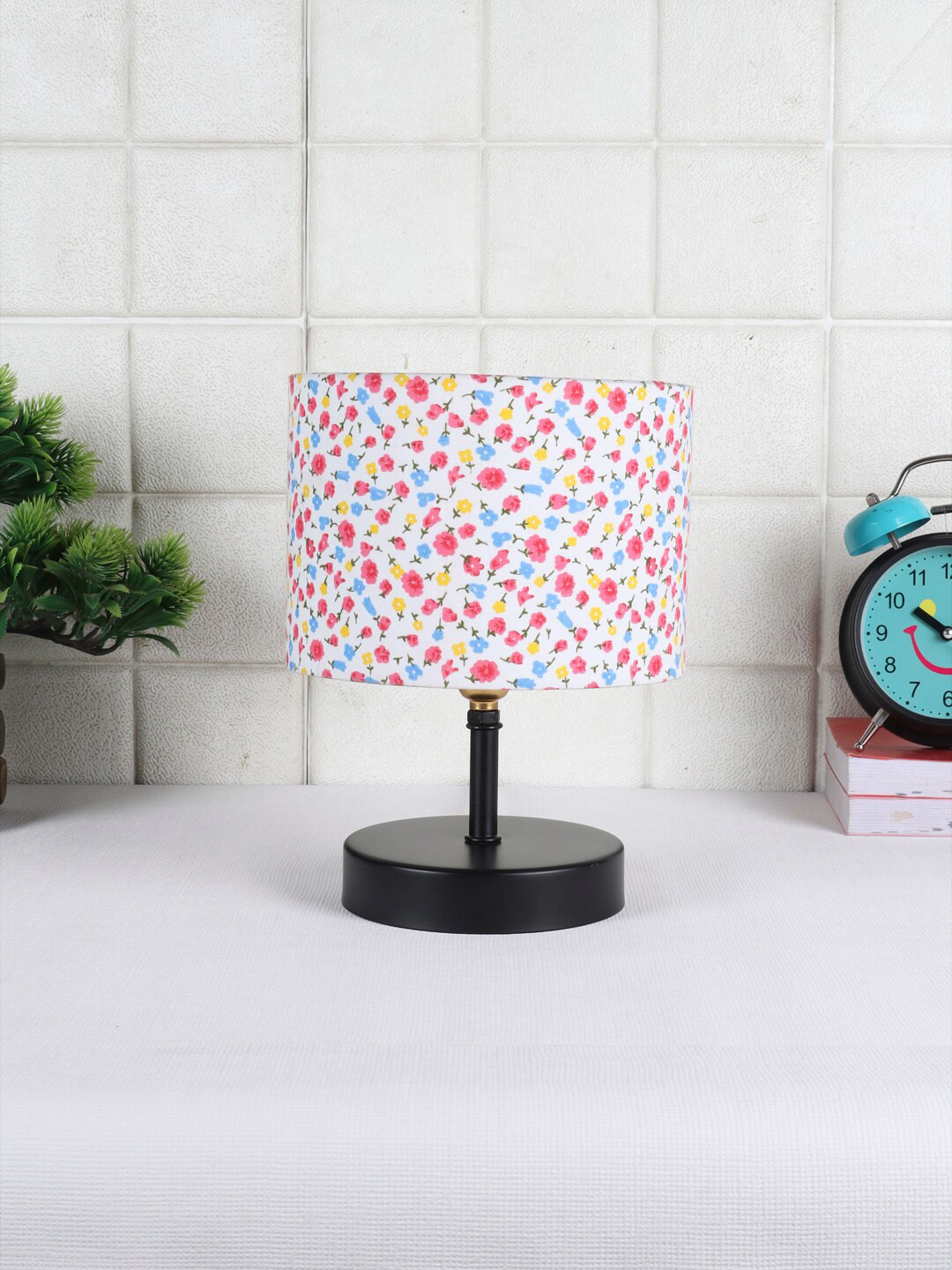 Devansh Multi Floral Printed Iron Table Lamp with Cotton Shade