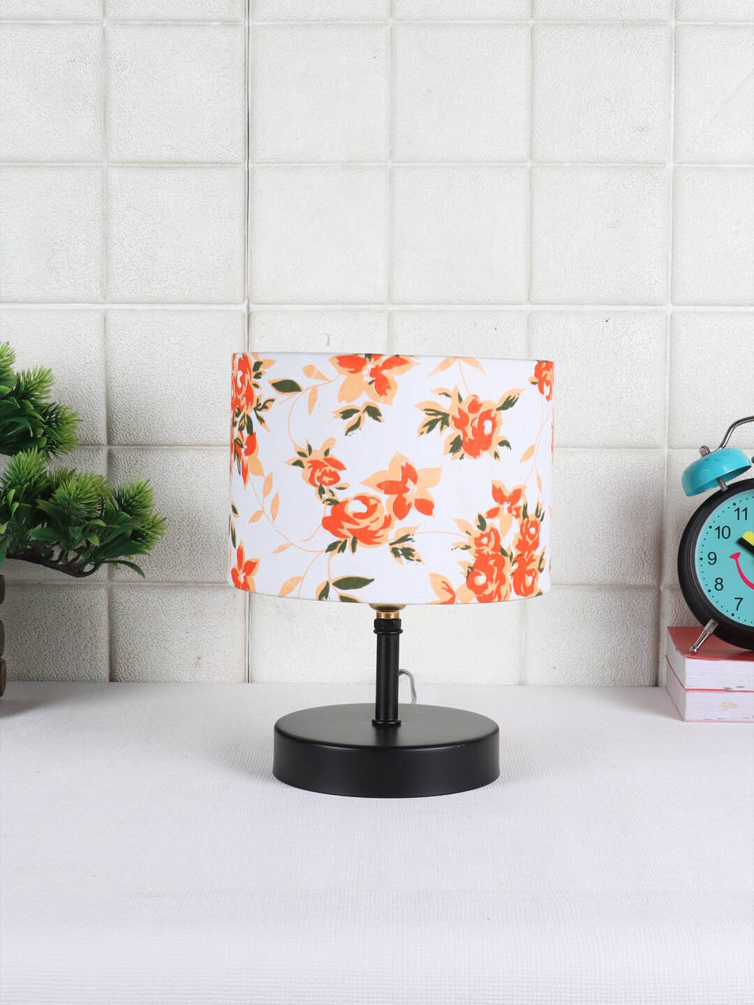 Devansh Multi Floral Iron Table Lamp with Cotton Shade