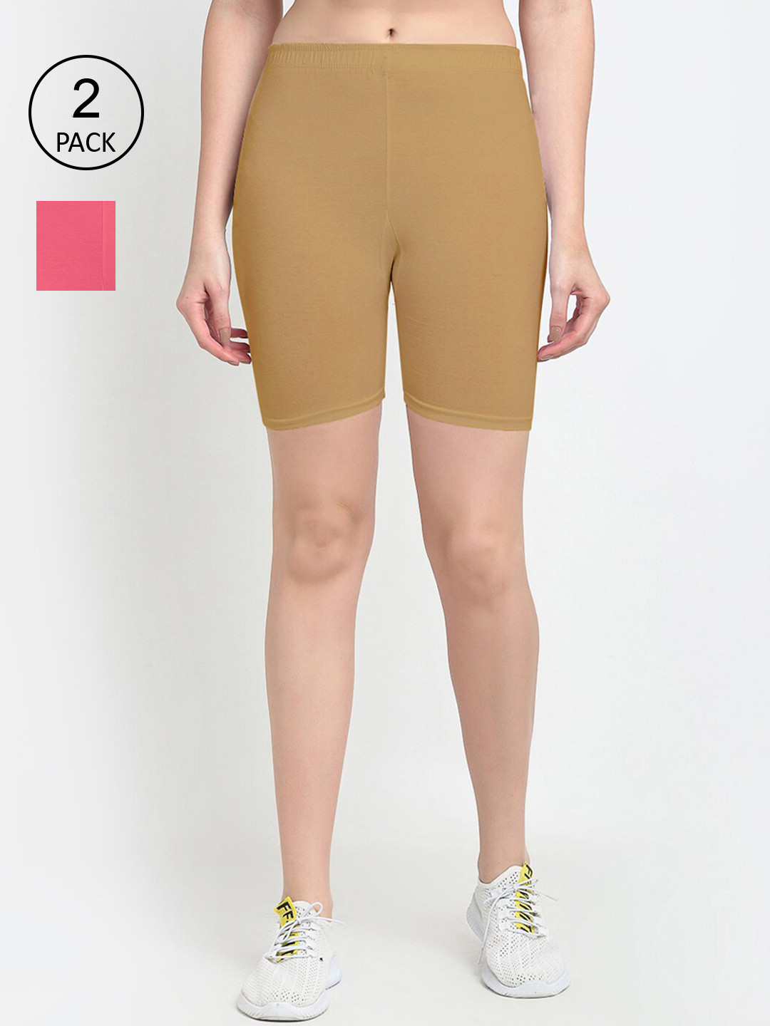 GRACIT Women Pack of 2 Mustard Yellow & Magenta Biker Shorts