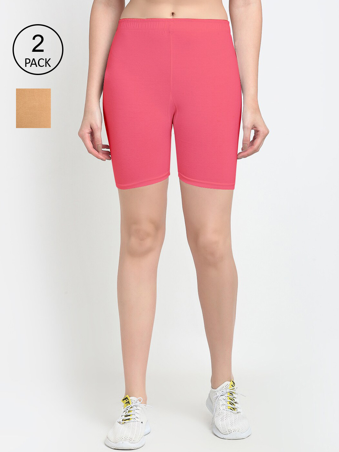 GRACIT Women Set Of 2 Beige & Pink Biker Shorts