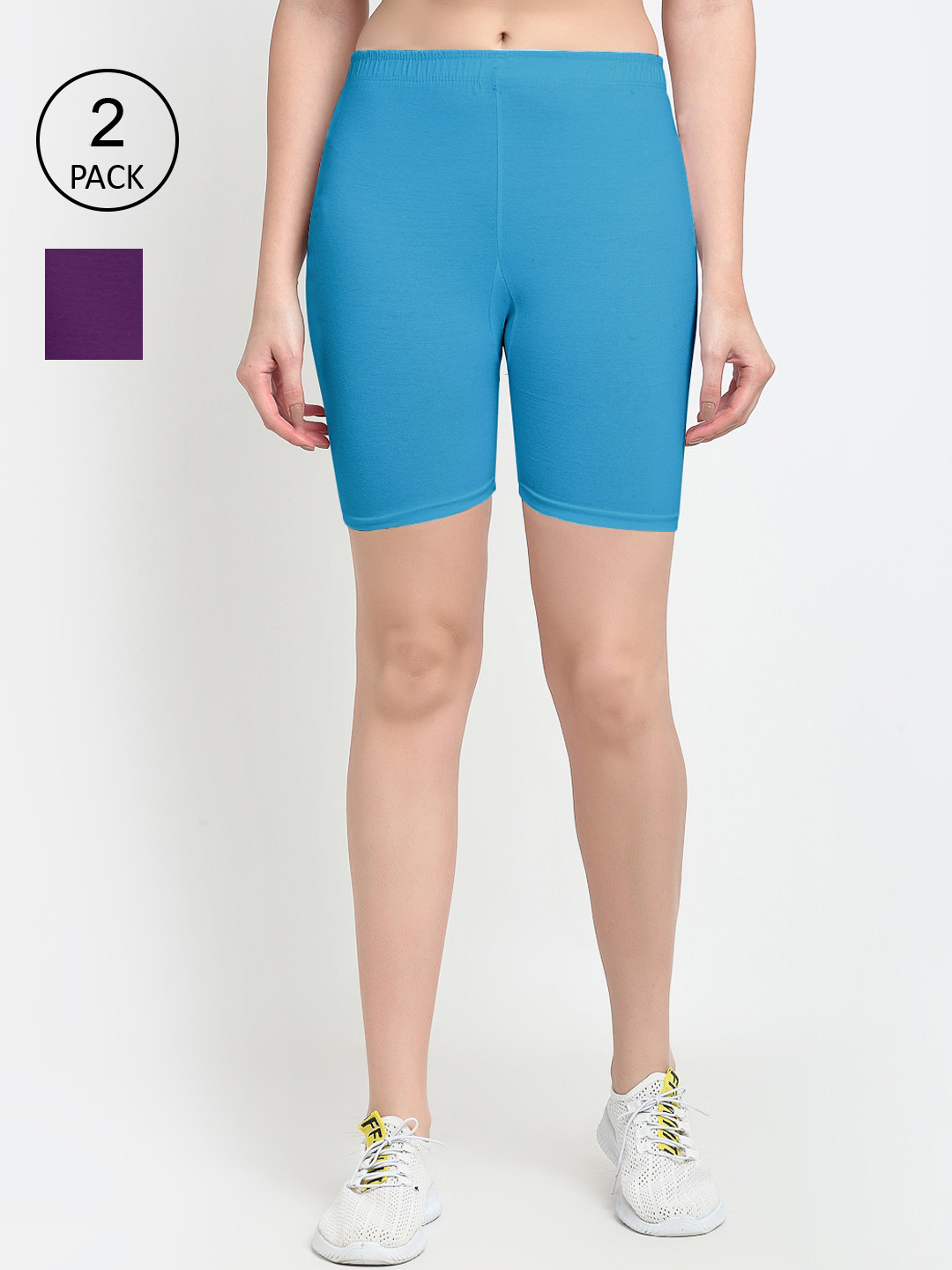 GRACIT Women Purple & Sky Blue Solid Pack of 2 Lycra Biker Shorts