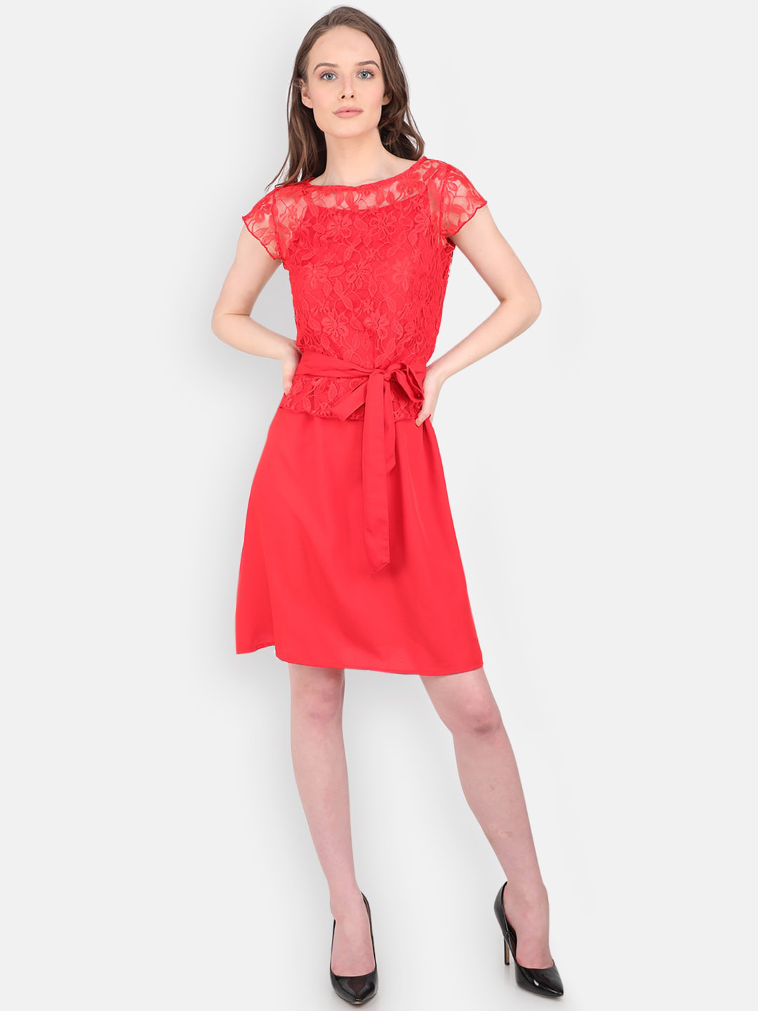MARC LOUIS Red Crepe Lace Vintage Party Dress