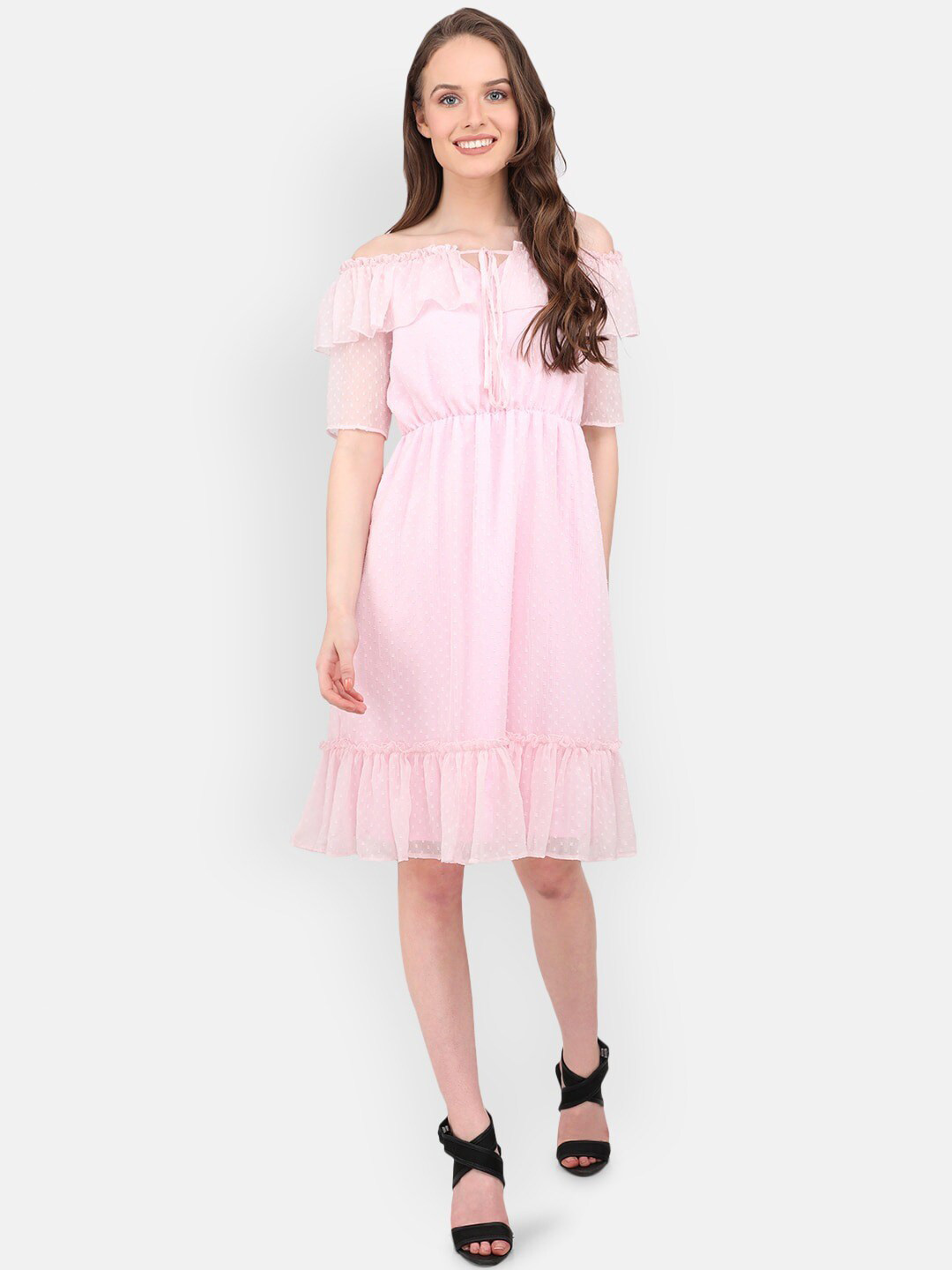MARC LOUIS Pink Off-Shoulder Chiffon Dress