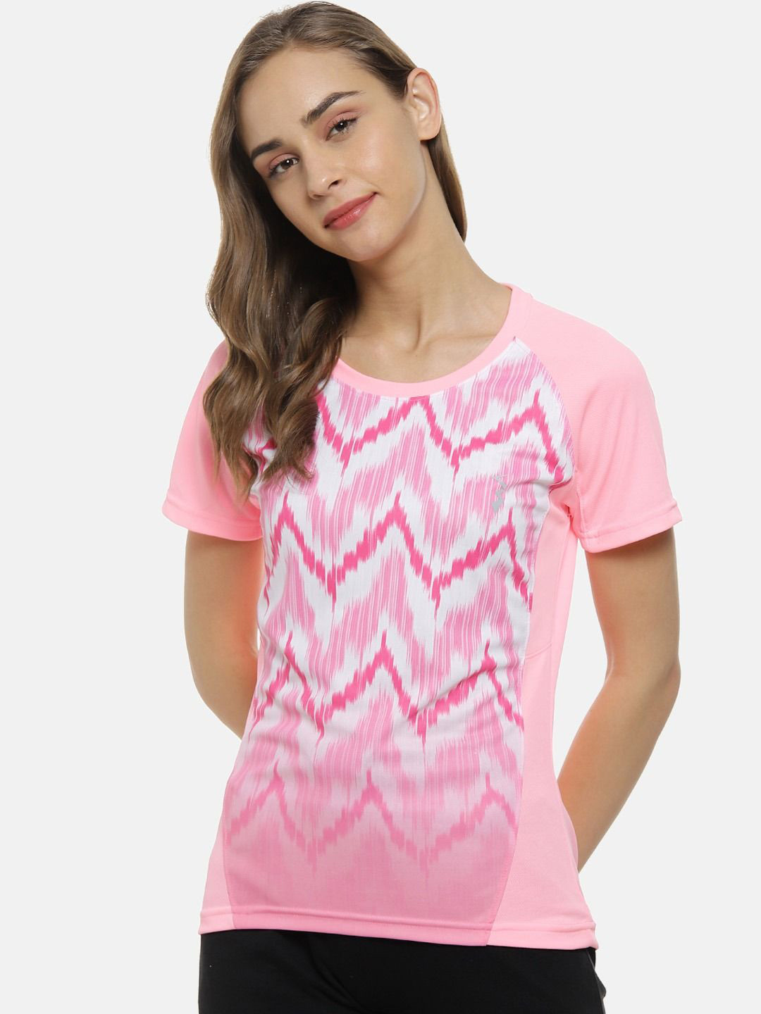 Campus Sutra Women Pink & White Printed Running T-shirt