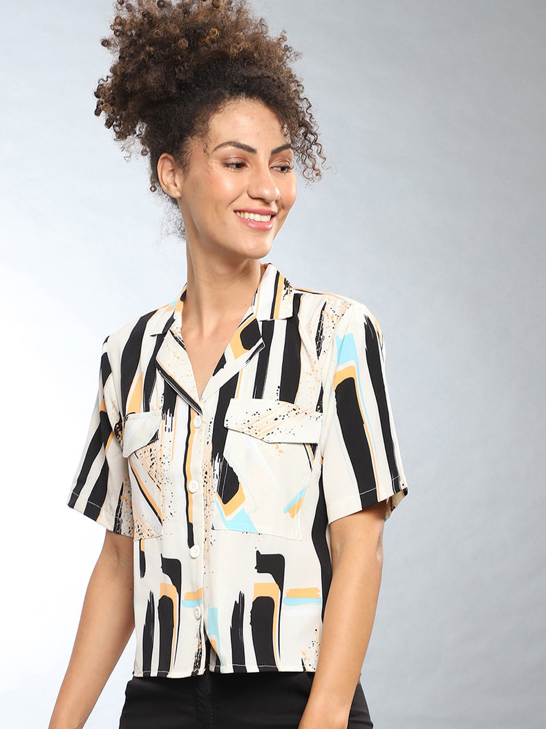 PINACOLADA Women Cream coloured Classic Abstract Printed Casual Shirt