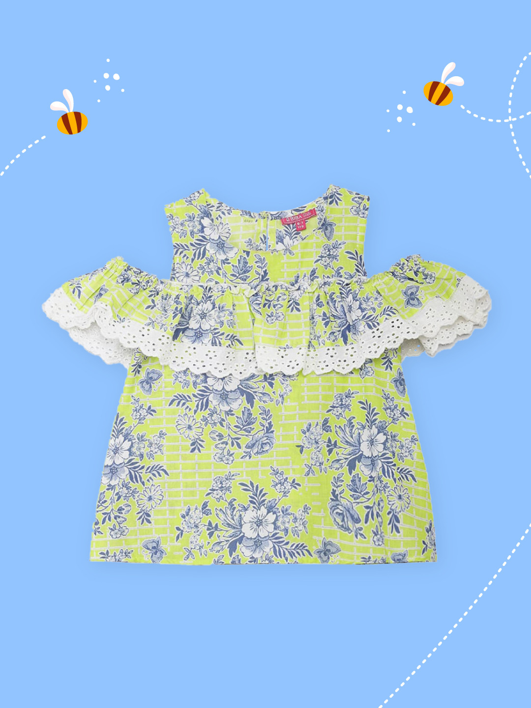 Biba Lime Green Floral Print Cold Shoulder Top