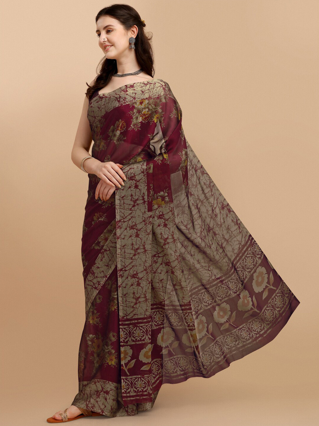 KALINI Maroon & Yellow Floral Saree