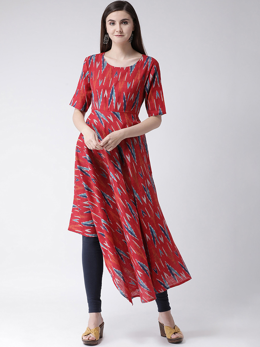 Span Women Red Printed Asymmetric Kurta