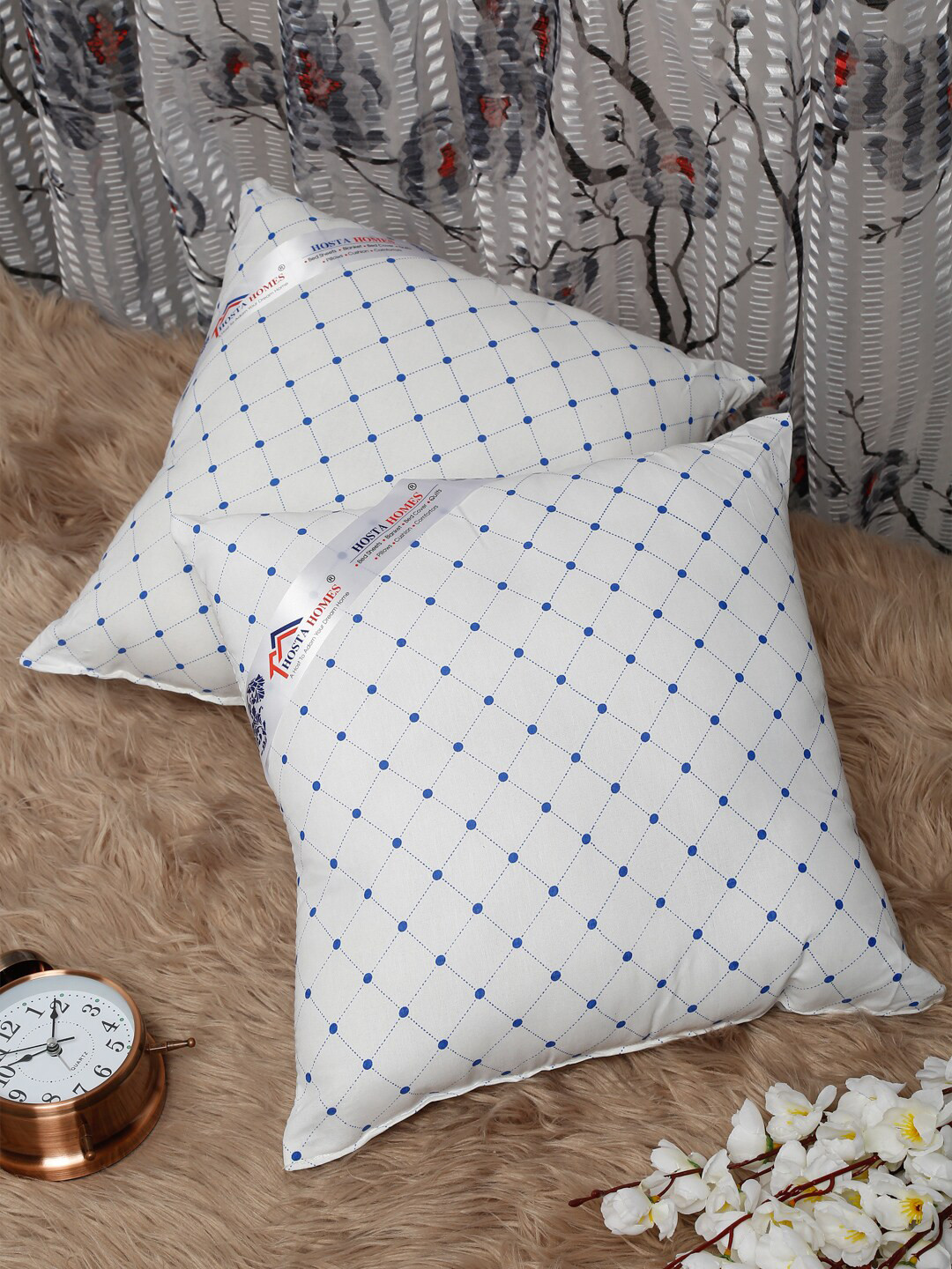 HOSTA HOMES Set Of 2 White & Blue Printed Square Cushions