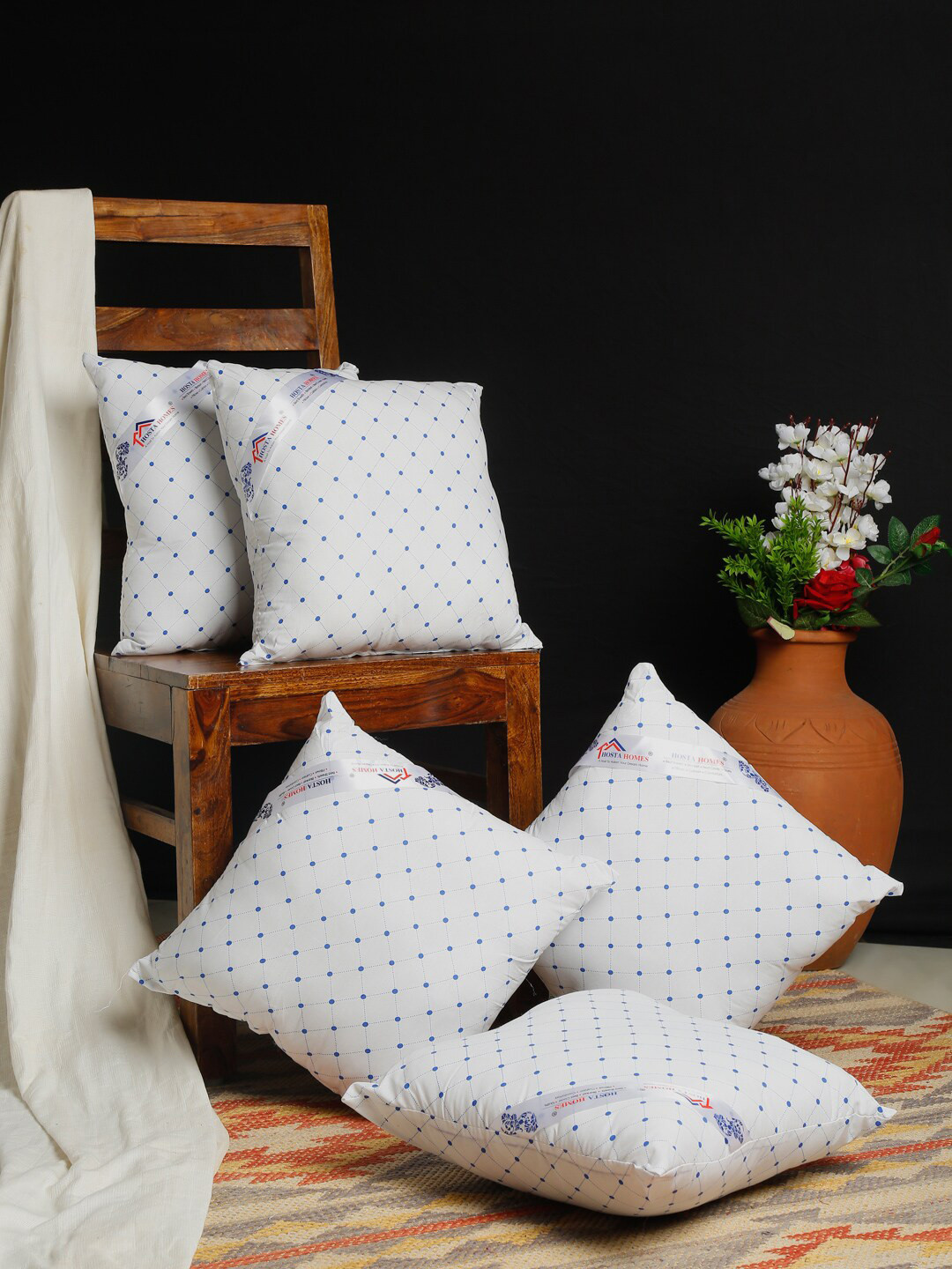 HOSTA HOMES Set Of 5 White & Blue Polka Dots Printed Square Cushions