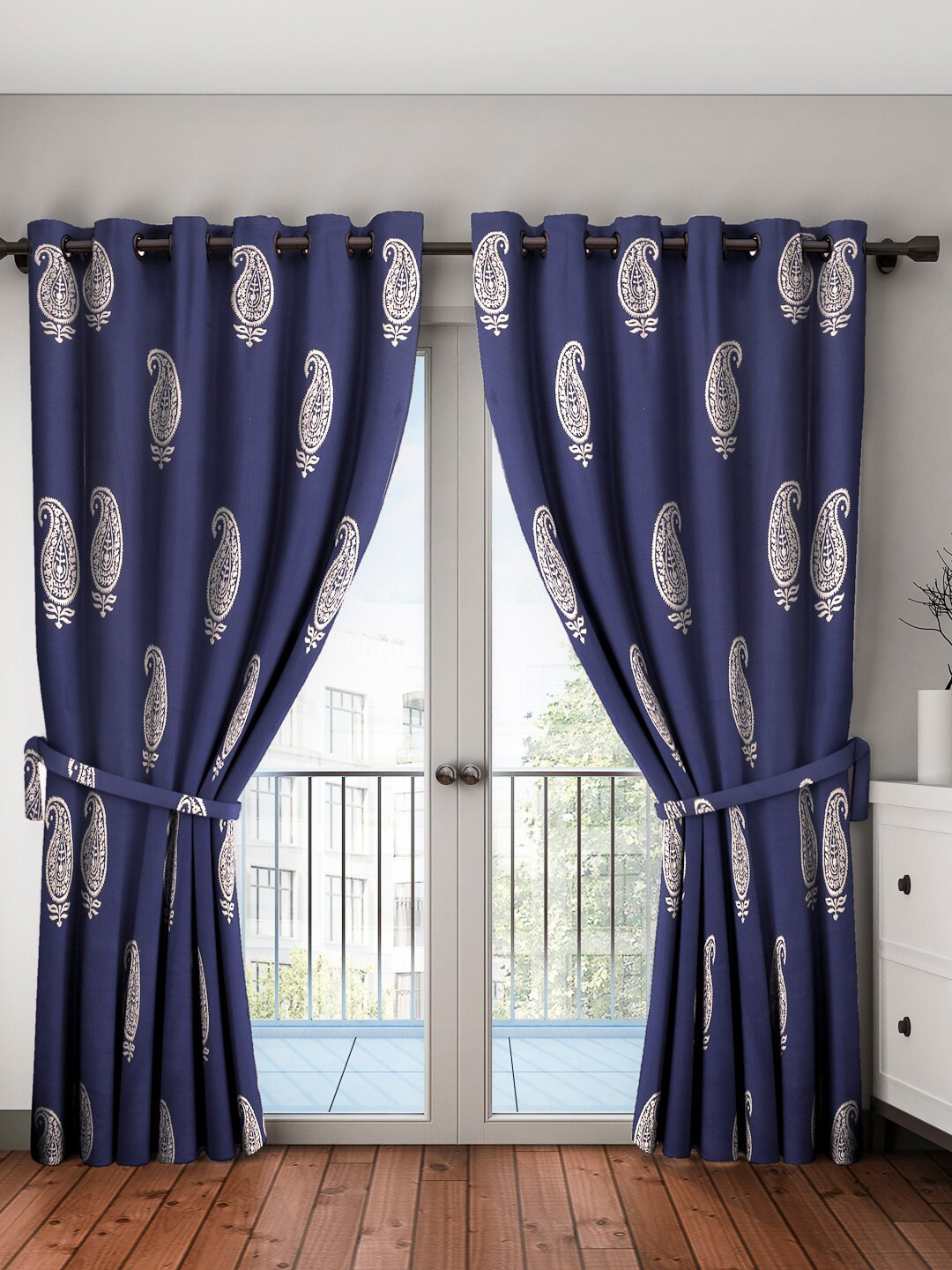 Home Sizzler Pack Of 2 Blue Paisley Printed Long Door Curtains