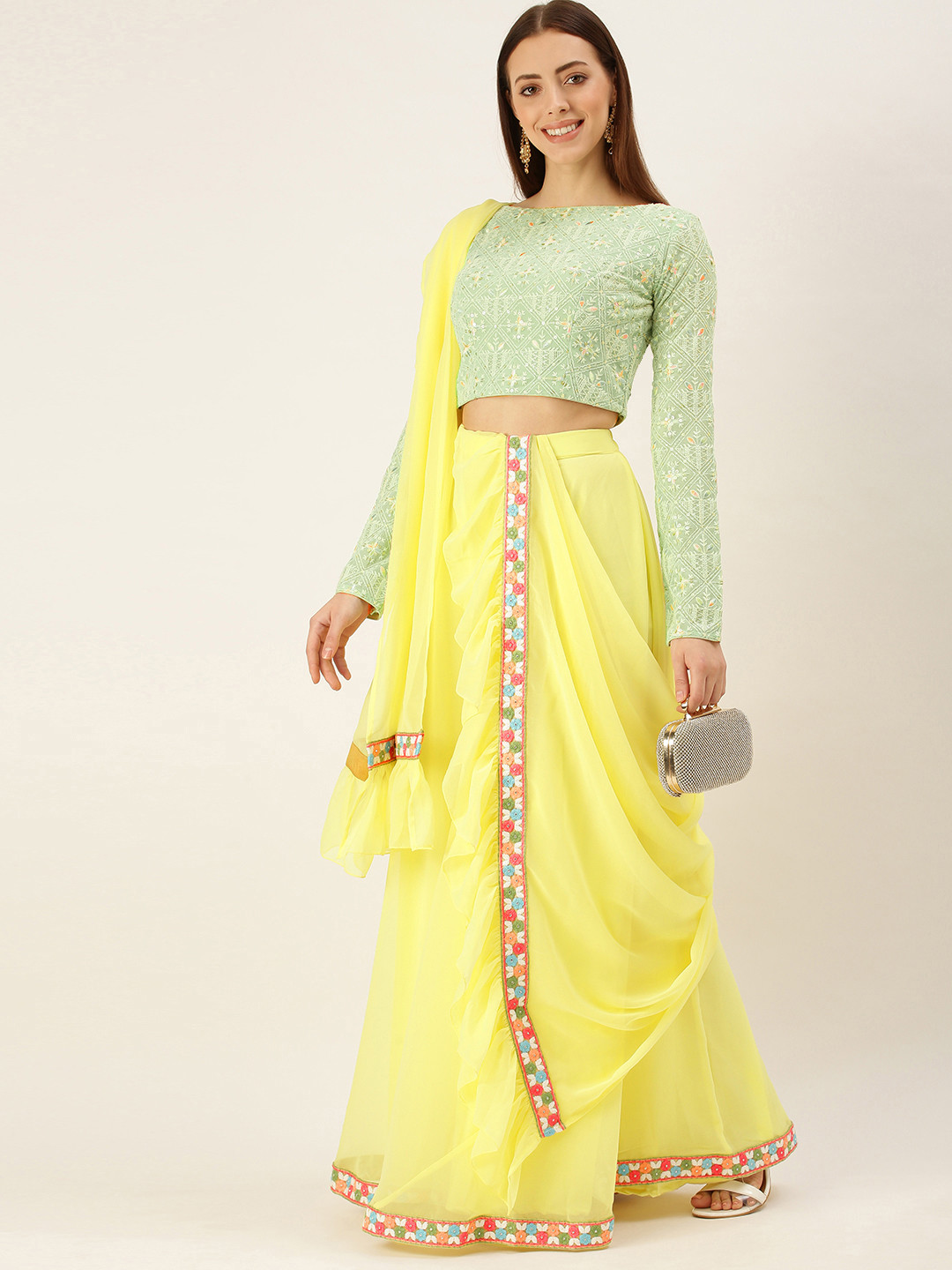 Ethnovog Yellow  Green Made to Measure Lehenga  Blouse With Dupatta