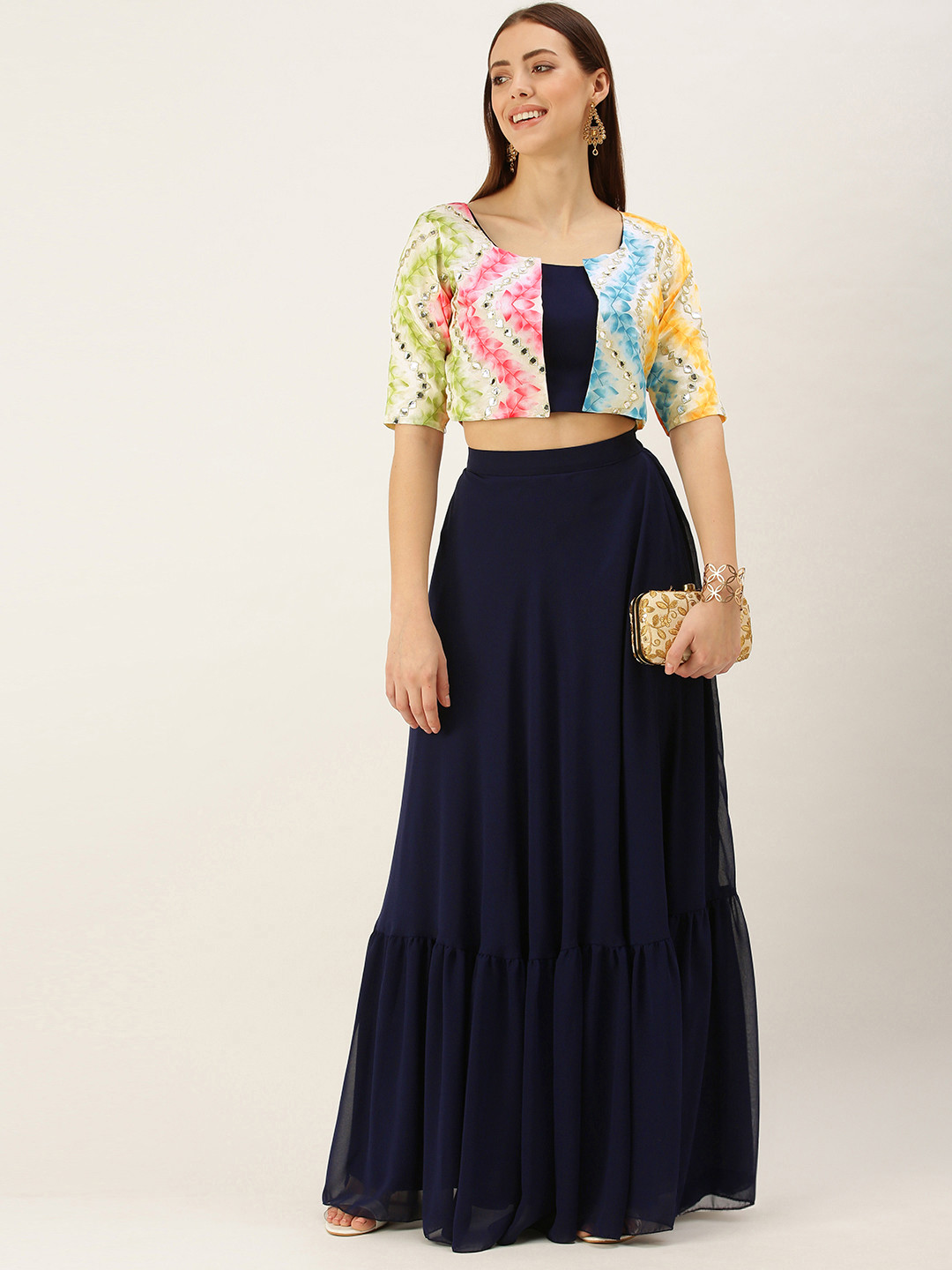 Ethnovog Navy Blue Made to Measure Fusion Lehenga  Blouse