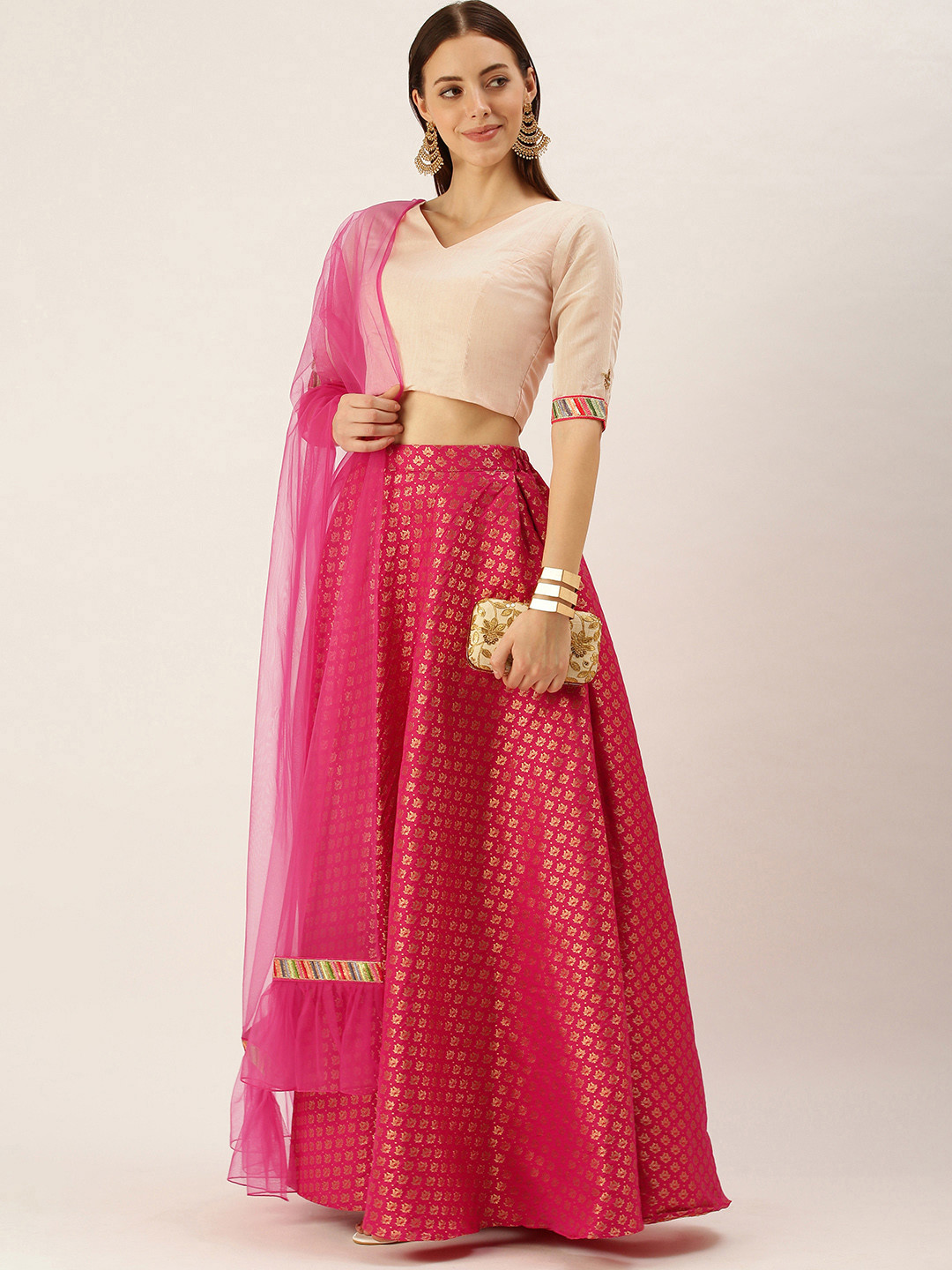 Ethnovog Pink  Golden Self Design Made to Measure Lehenga  Blouse With Dupatta