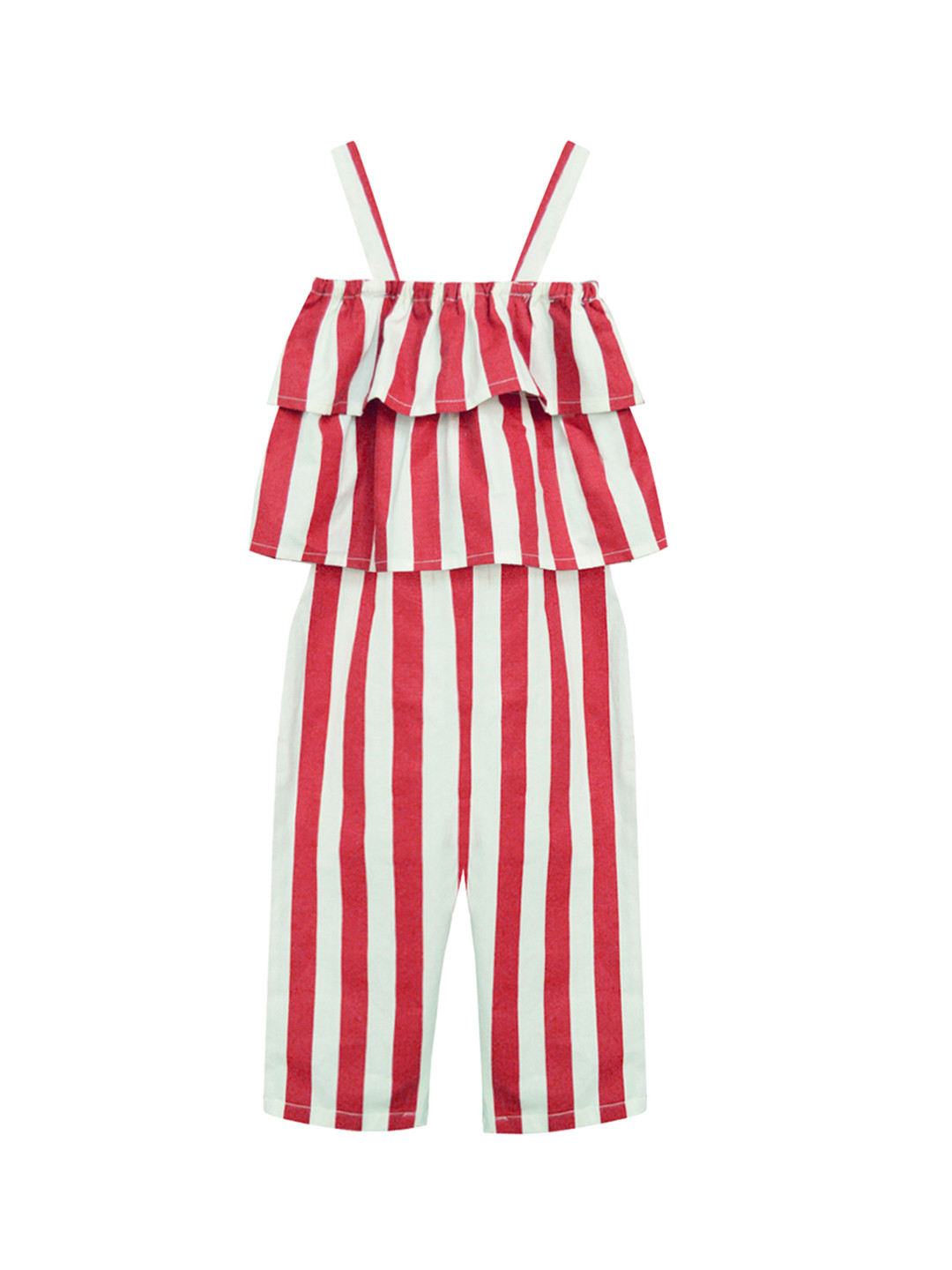 A T U N Girls Cotton Red & White Striped Basic Layered Jumpsuit
