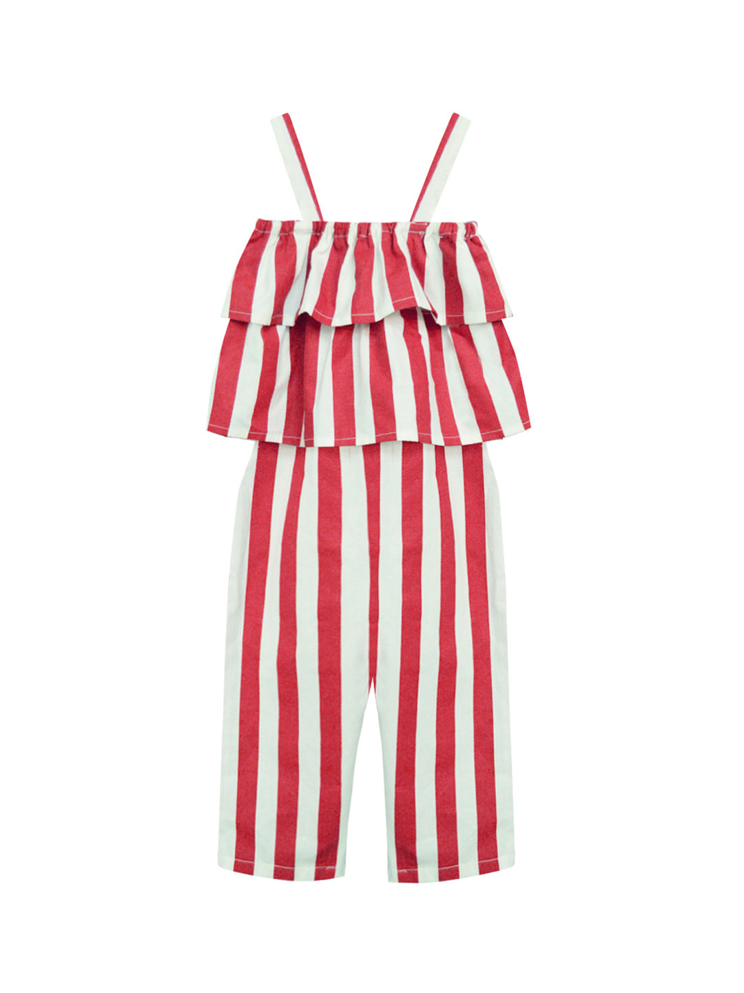 A T U N Girls Red & White Striped Basic Jumpsuit with Ruffles