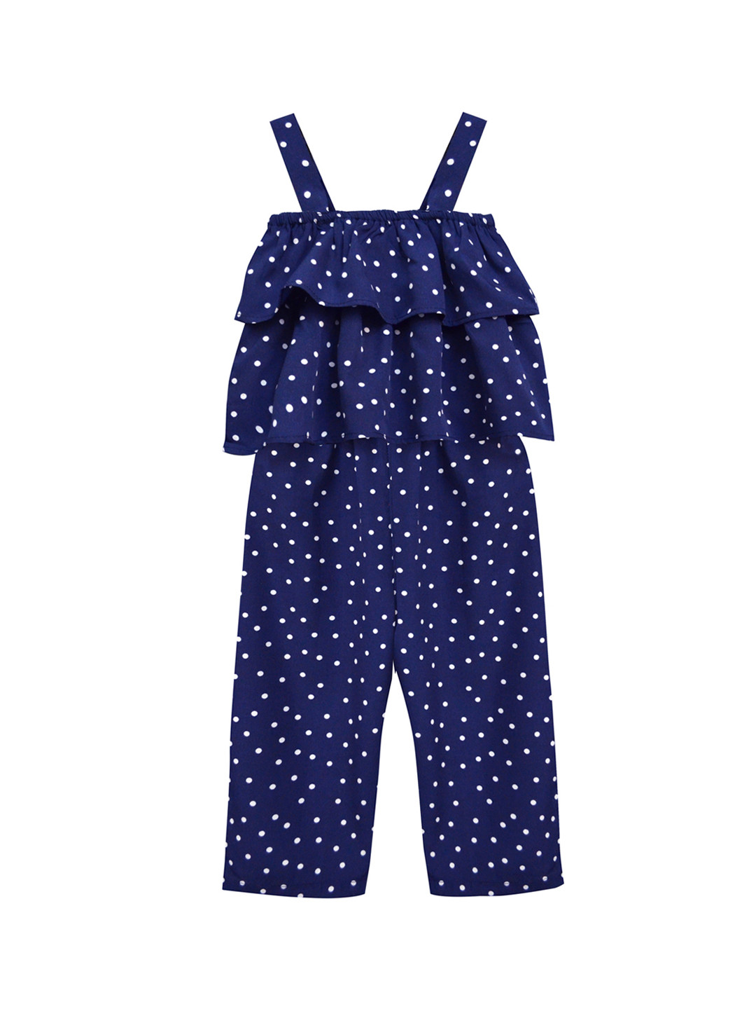 A T U N Girls Navy Blue & White Printed Basic Jumpsuit with Ruffles