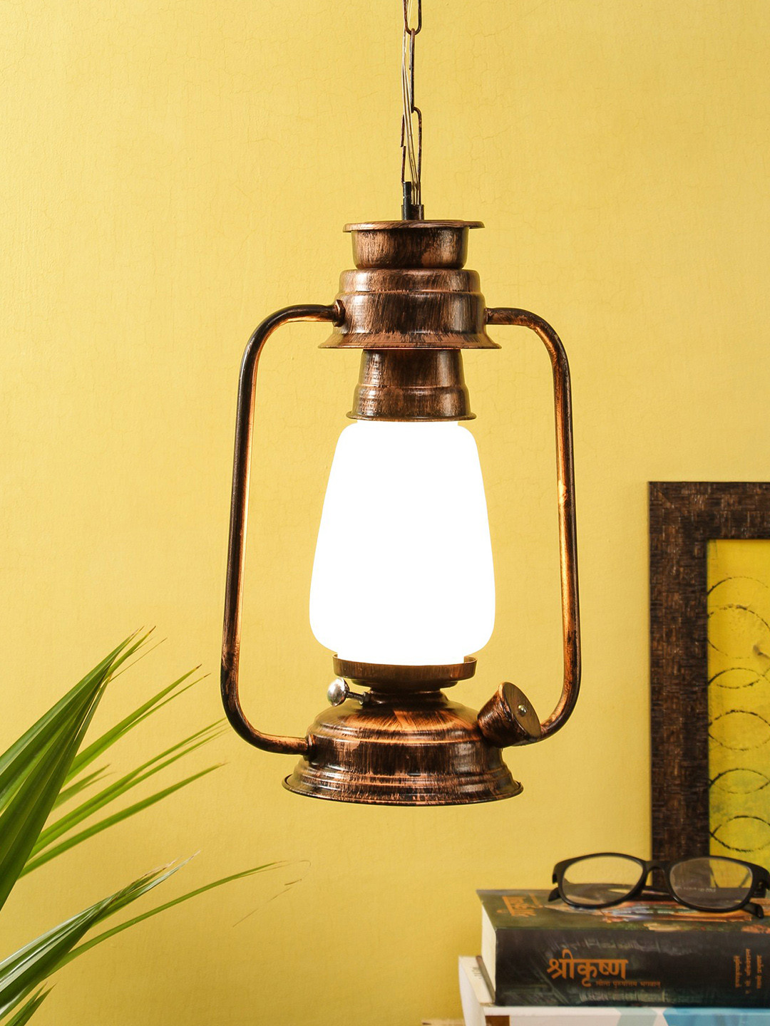 Devansh White & Copper-Toned Lantern Hanging Lamp