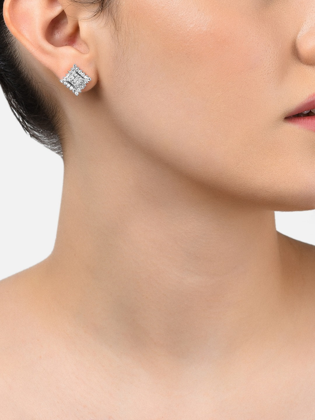 AMI Silver-Plated CZ Studded Square Studs Earrings