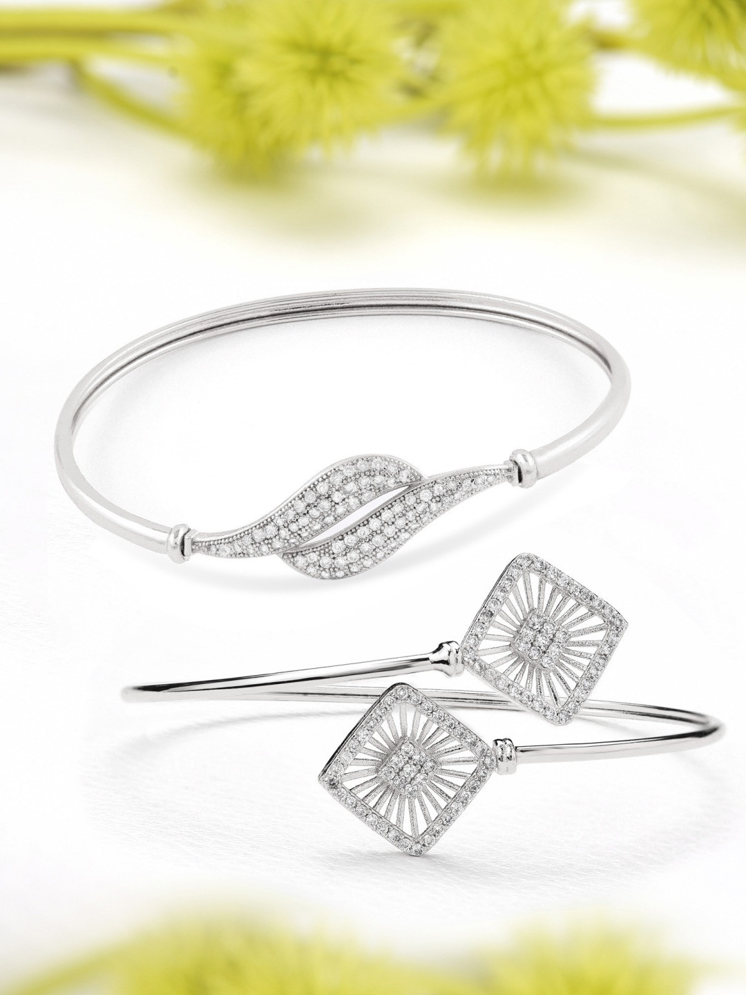 AMI Women Set of 2 Silver-Plated & White Brass Cubic Zirconia Bracelets