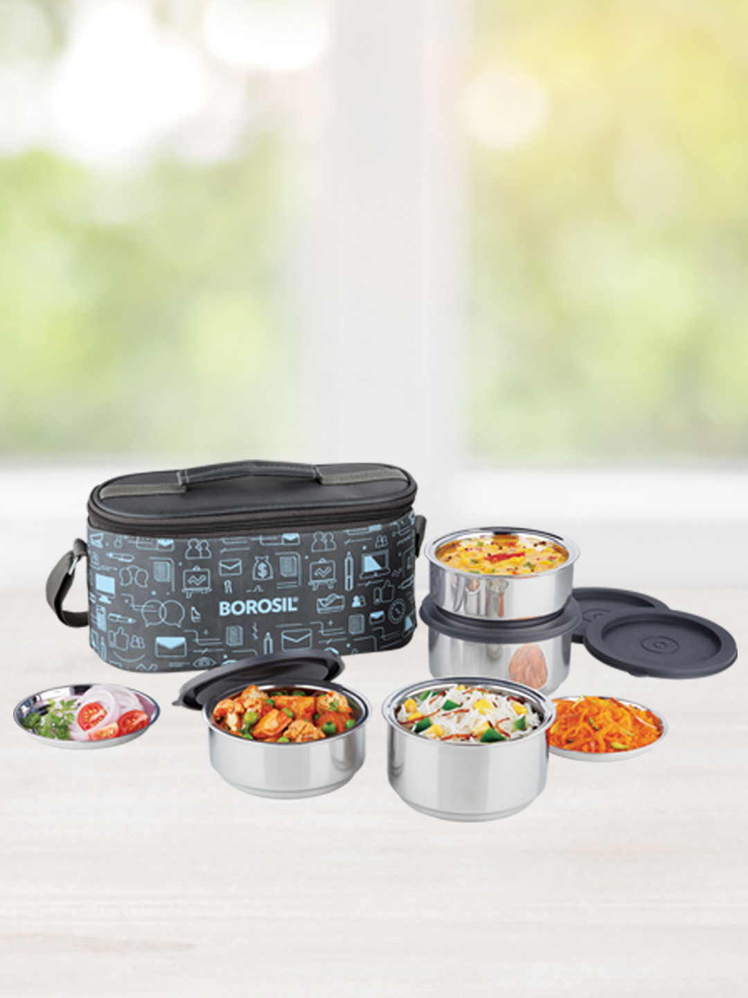 BOROSIL Carry Fresh Insulated Stainless Steel 4PC Lunch Box With Spoon & Fork