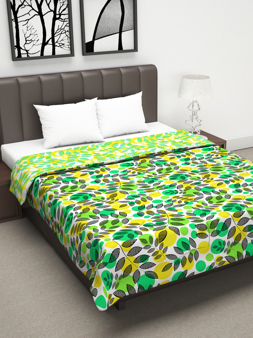 Divine Casa Green & Yellow Floral AC Room 120 GSM Double Bed Dohar