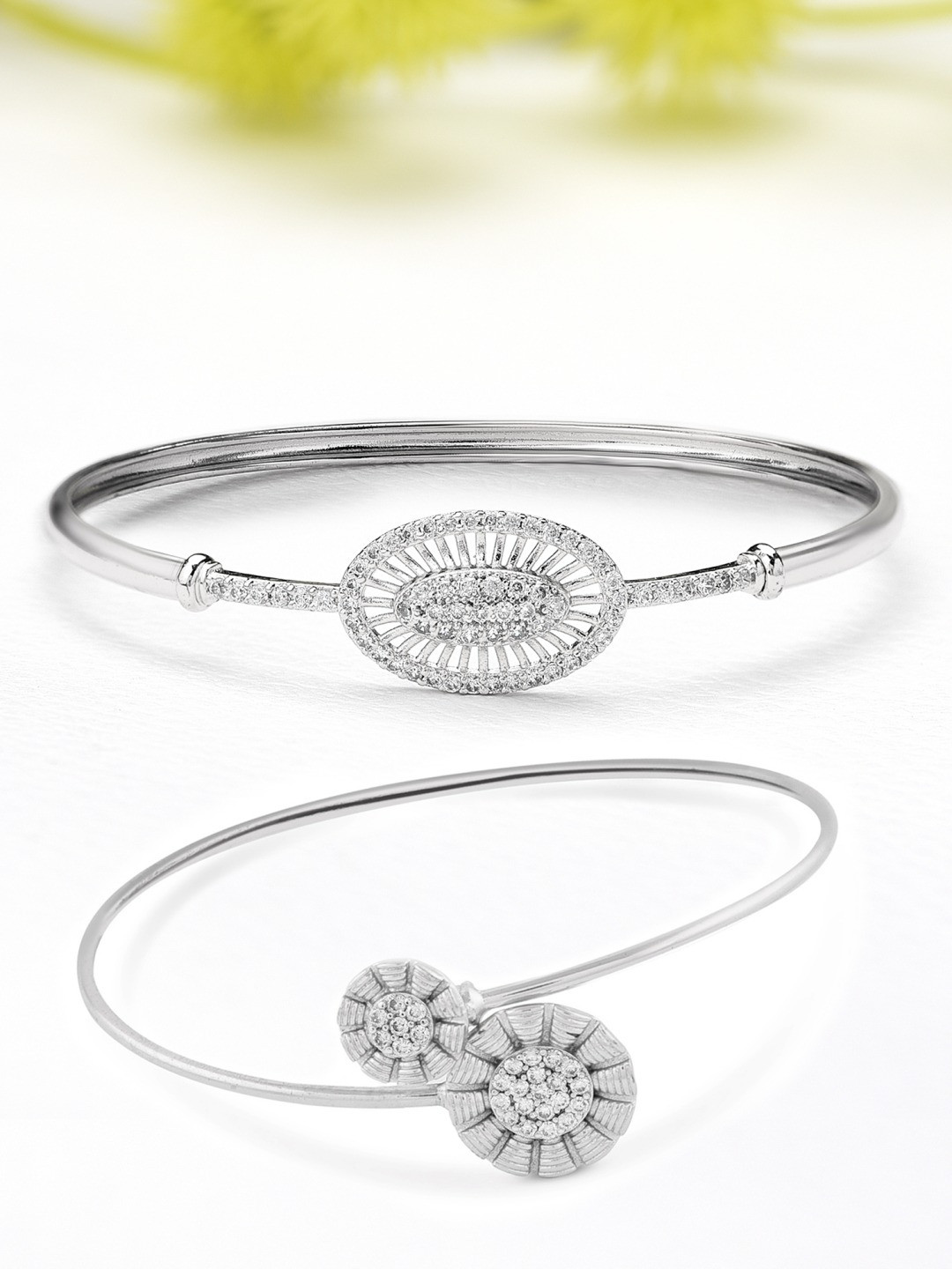 AMI Women Set of 2 Silver-Plated & White Brass Cubic Zirconia Bracelets