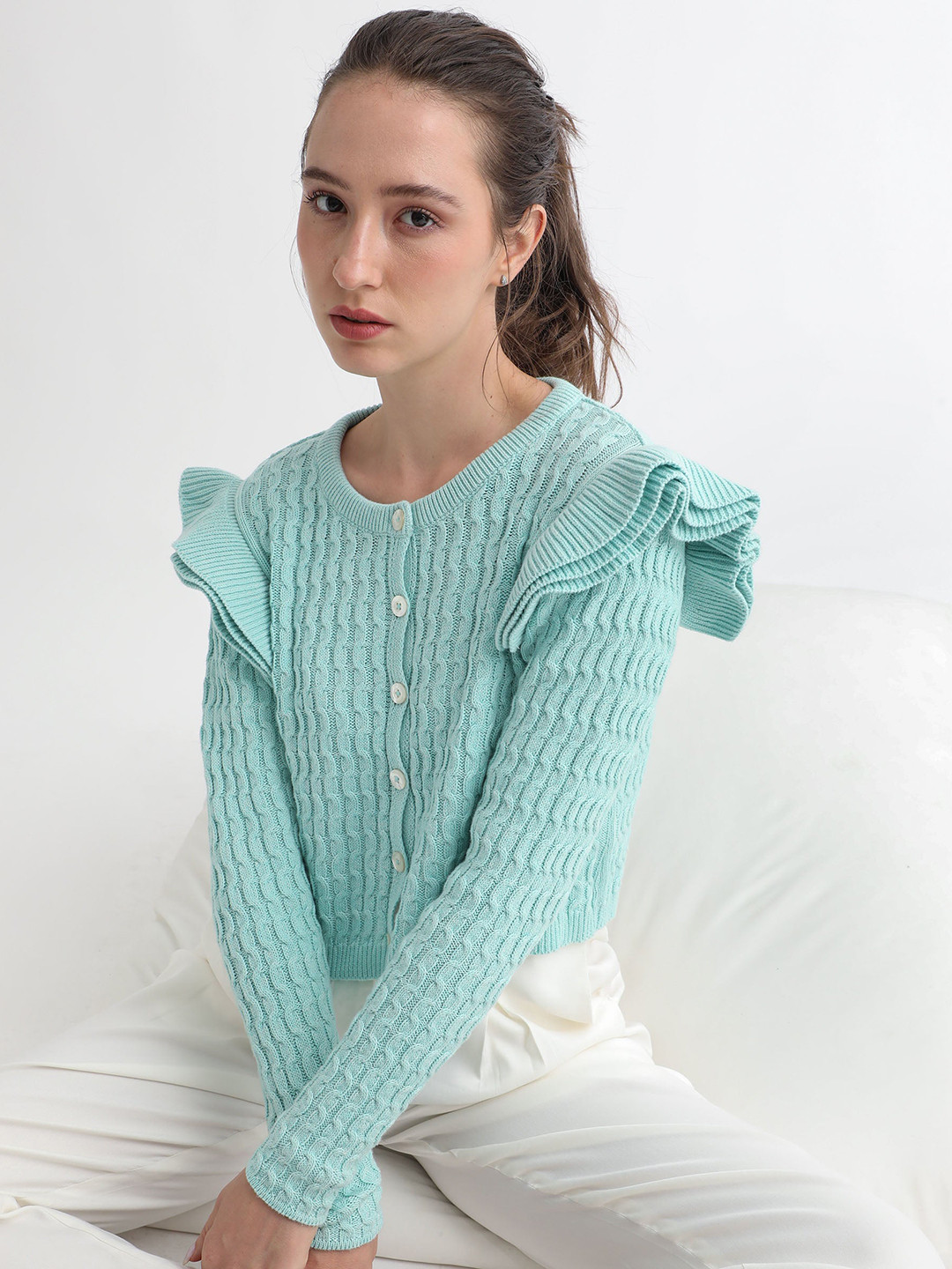 RAREISM Women Blue Cable Knit Cardigan